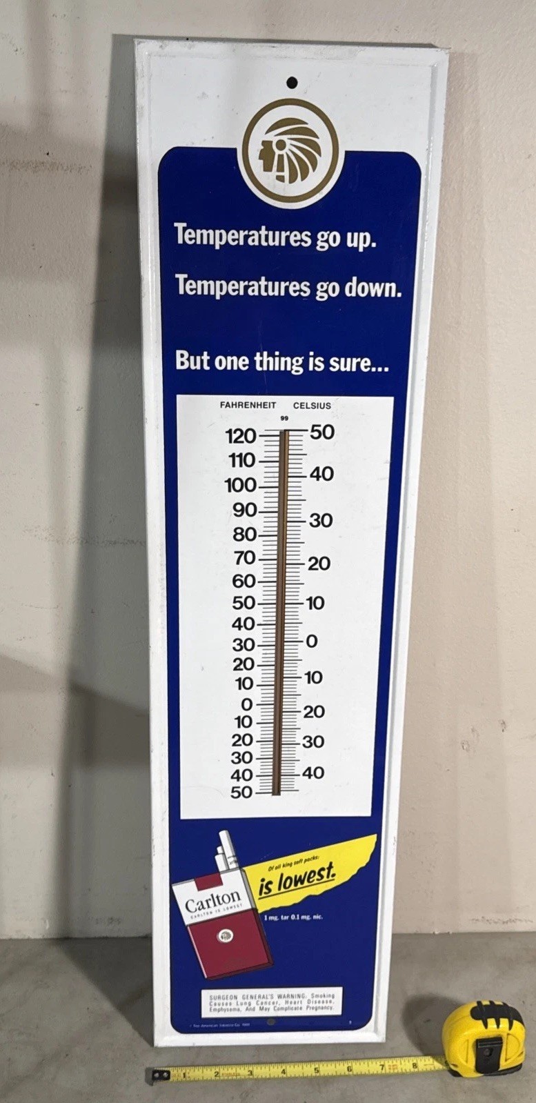 Vintage 1991 Carlton Cigarettes 28x7” Vertical Wall Thermometer Ad by Stout Sign Vintage 1991 Carlton Cigarettes 28x7” Vertical Wall Thermometer Ad by Stout Sign