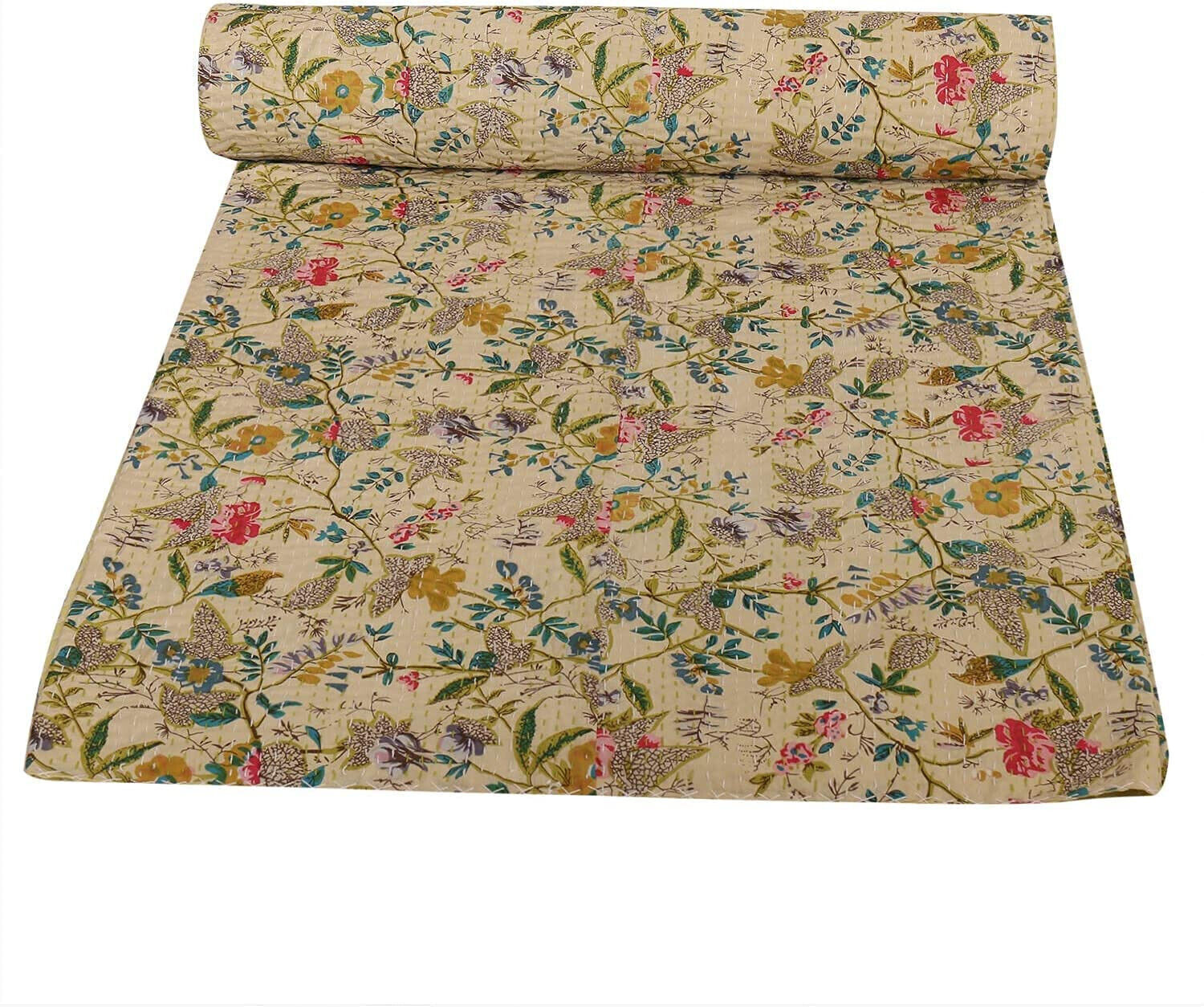 Indian Cotton Handmade Floral Print Kantha Quilt Bedding Bedspread Blanket Throw