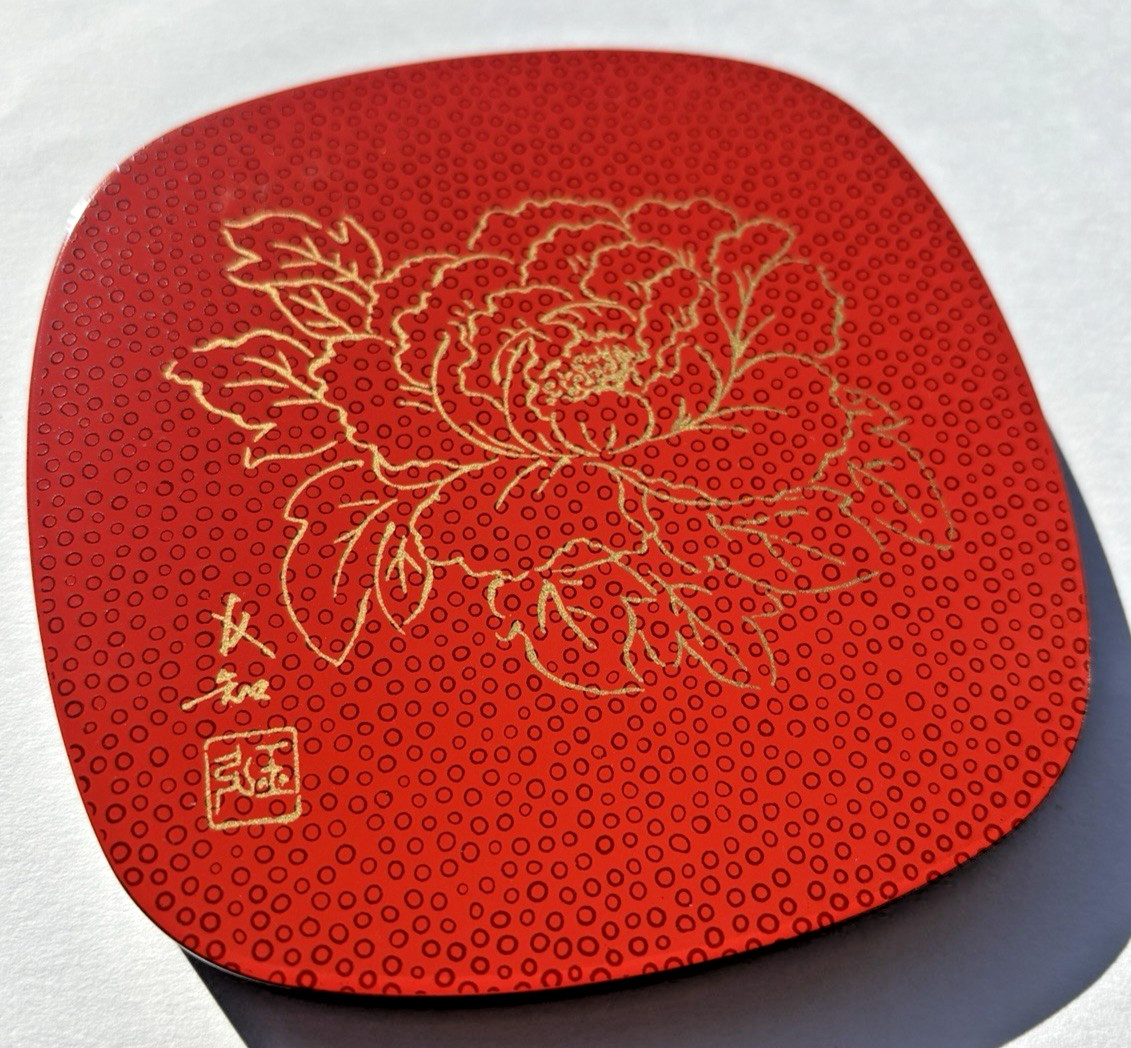 Vintage Tsugaru Lacquer Coaster Nanako Peony Pattern Boxed Japan Red 9 cm (3.5" Vintage Tsugaru Lacquer Coaster Nanako Peony Pattern Boxed Japan Red 9 cm (3.5"