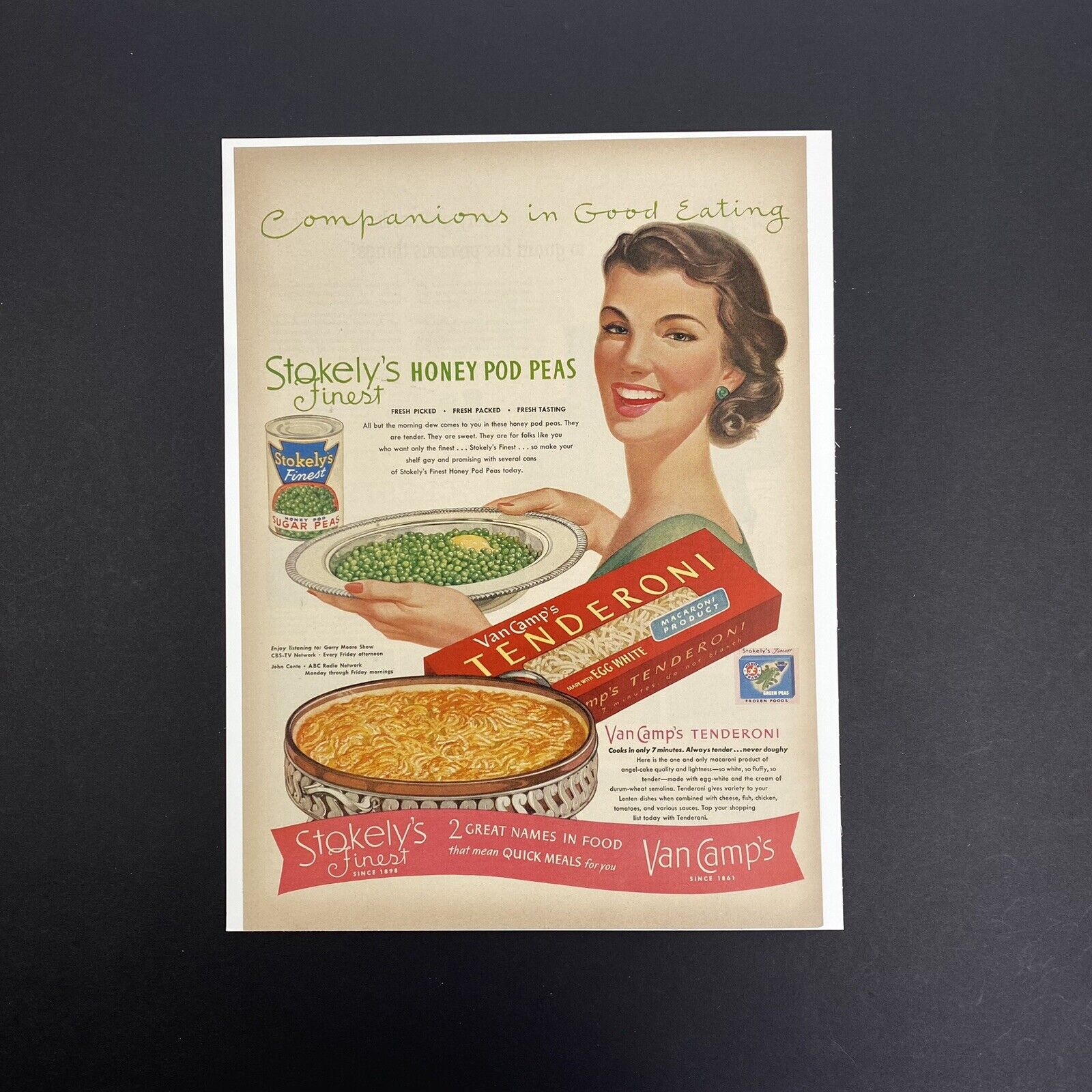 Vintage 1952 Van Camp\'s Tenderoni & Stokely Honey Pod Peas Print Ad