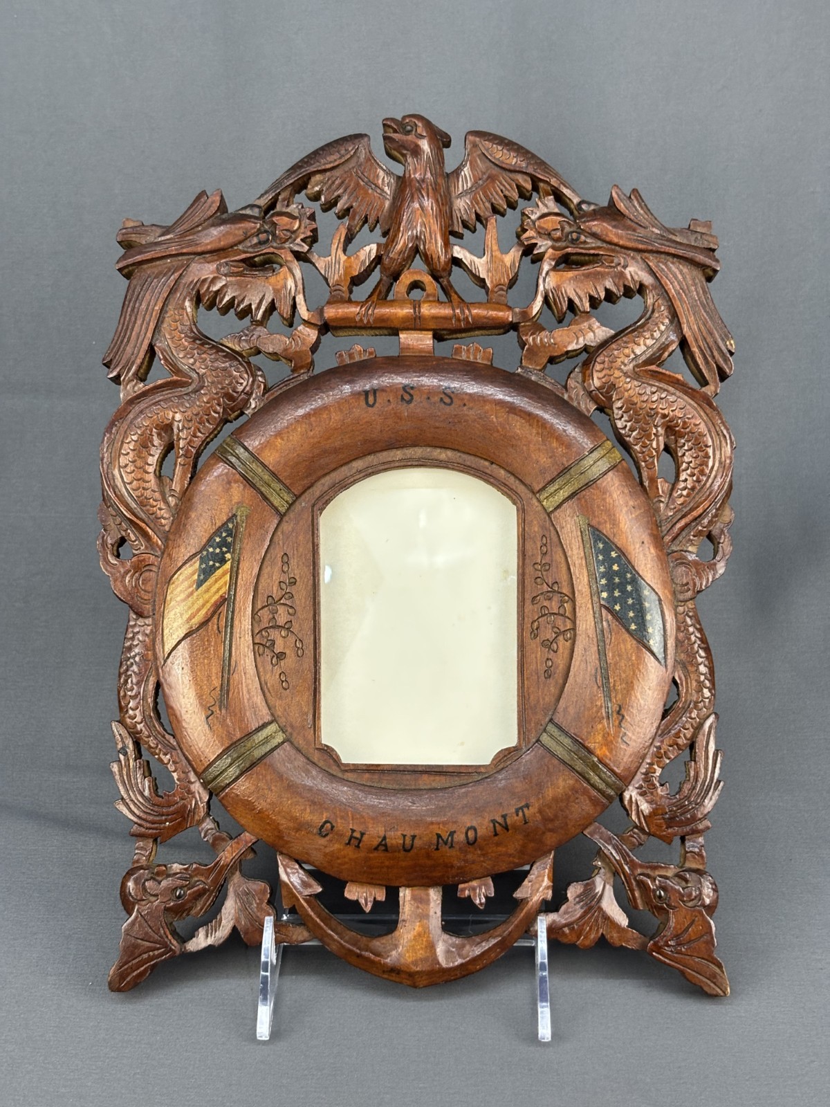 USS Chaumont, 1930s US Navy Carved Wood Souvenir Picture Frame 8.5 x 12