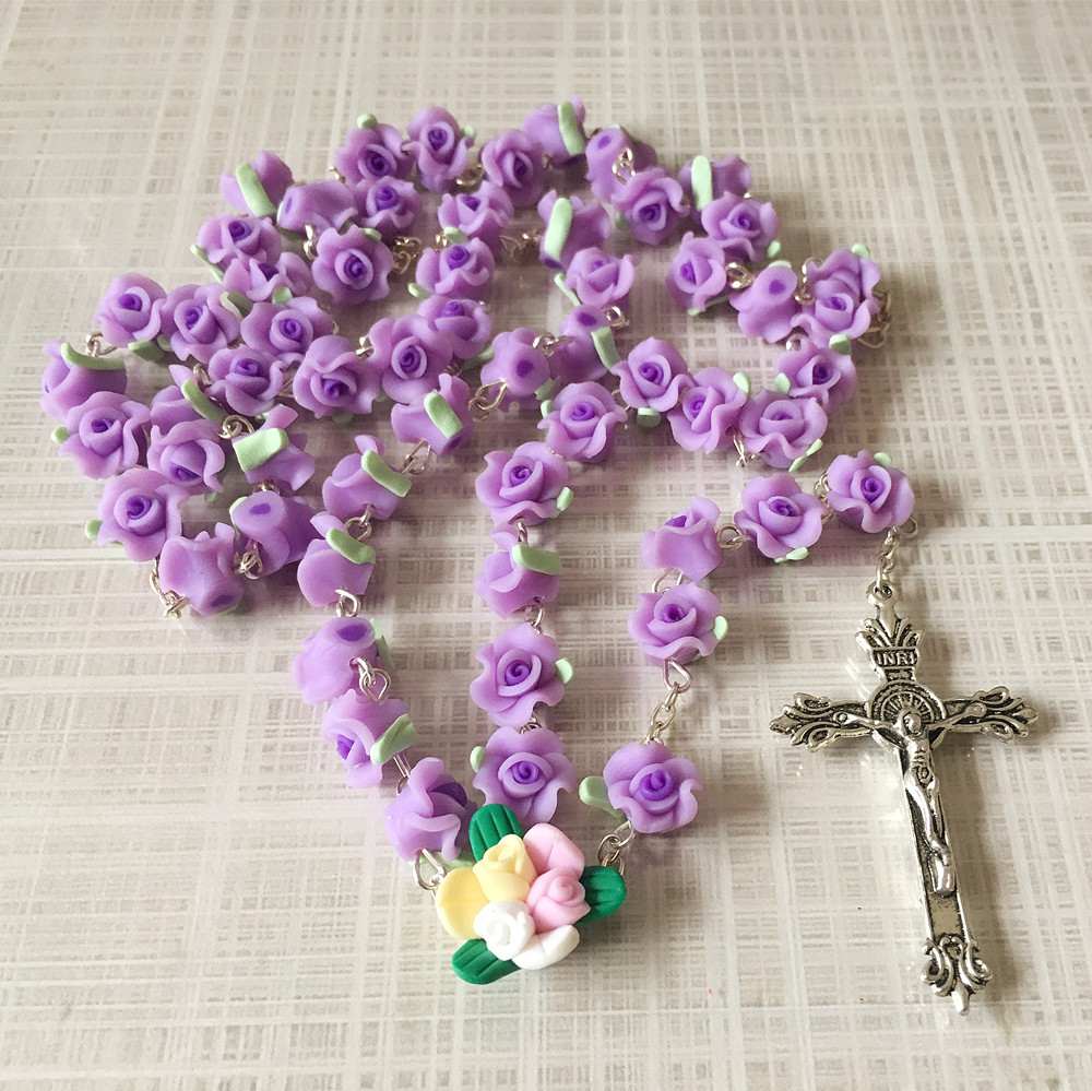 Catholic ROSARY-PURPLE Rose Flower soft Ceramic bead with a Crucifix Catholic ROSARY-PURPLE Rose Flower soft Ceramic bead with a Crucifix