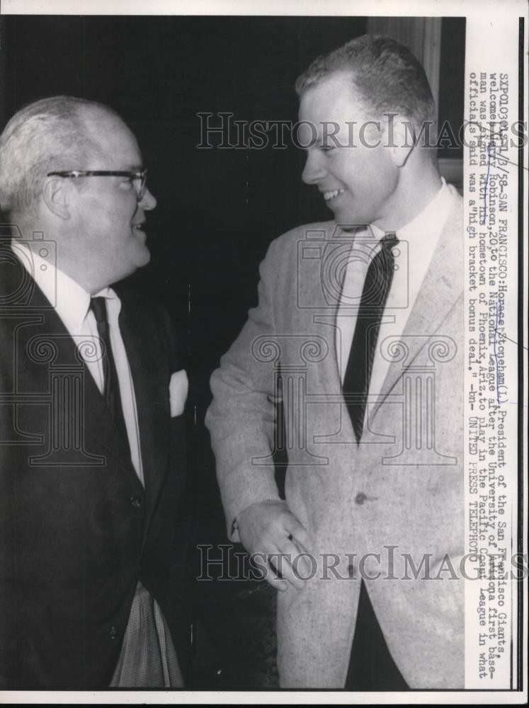1958 Press Photo Horace Stoneham President of SF Giants, Jerry Robinson of NL 1958 Press Photo Horace Stoneham President of SF Giants, Jerry Robinson of NL