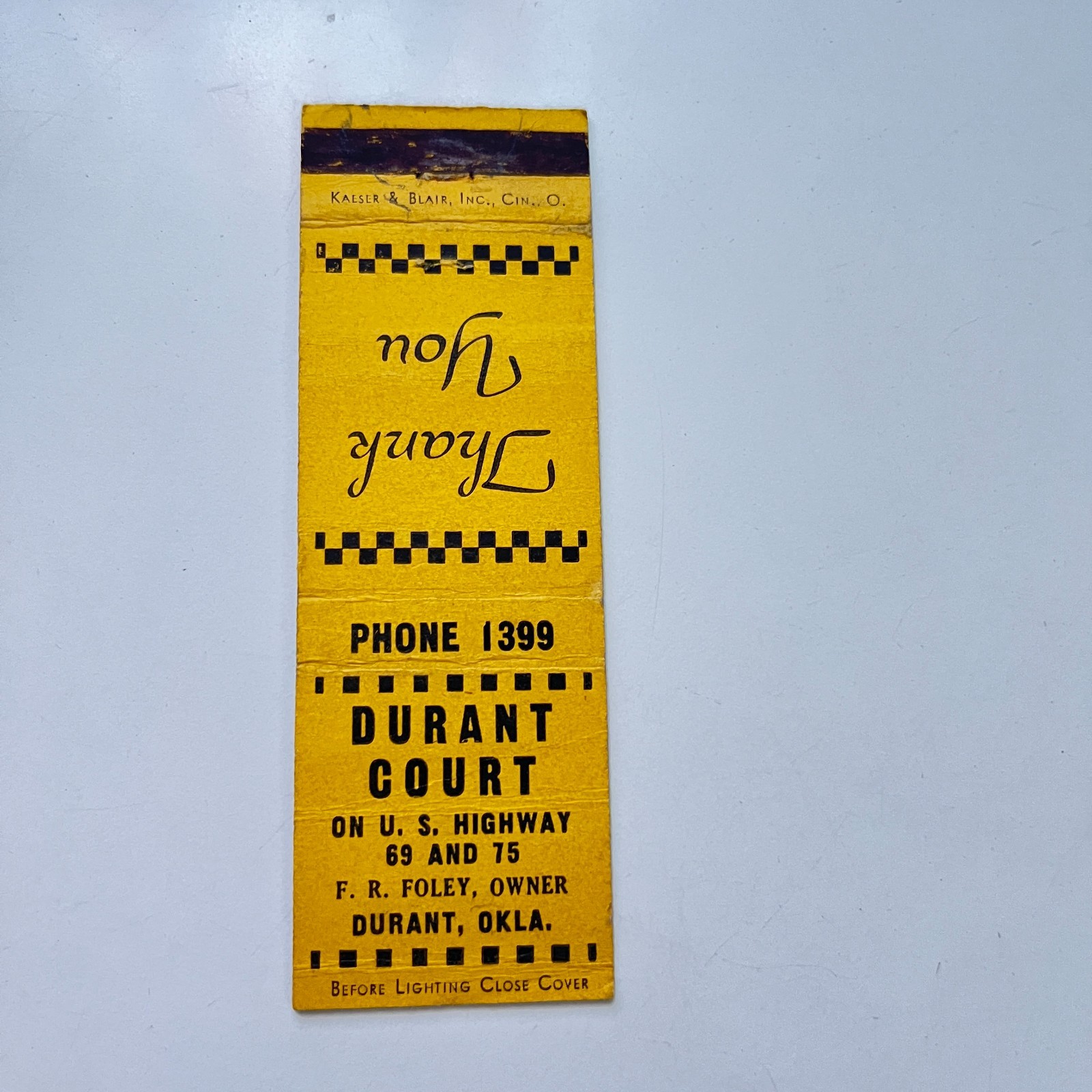 Durant Court Hwy 69 & 75 FR Foley Durant OK Vintage Matchbook Cover TMB92-6 Durant Court Hwy 69 & 75 FR Foley Durant OK Vintage Matchbook Cover TMB92-6