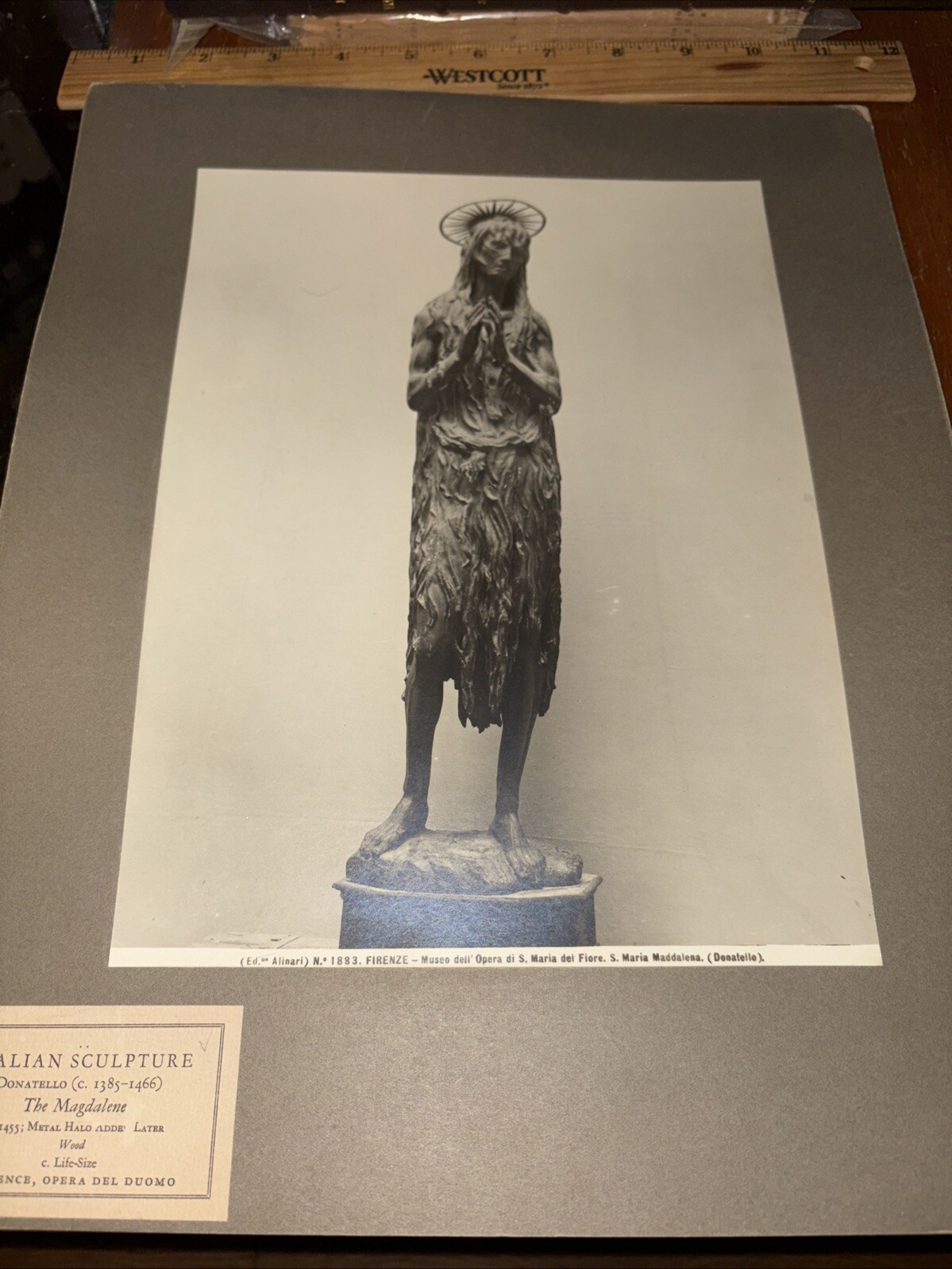 Antique Donatello Italian Sculpture Mounted Photo: The Magdalene with Halo