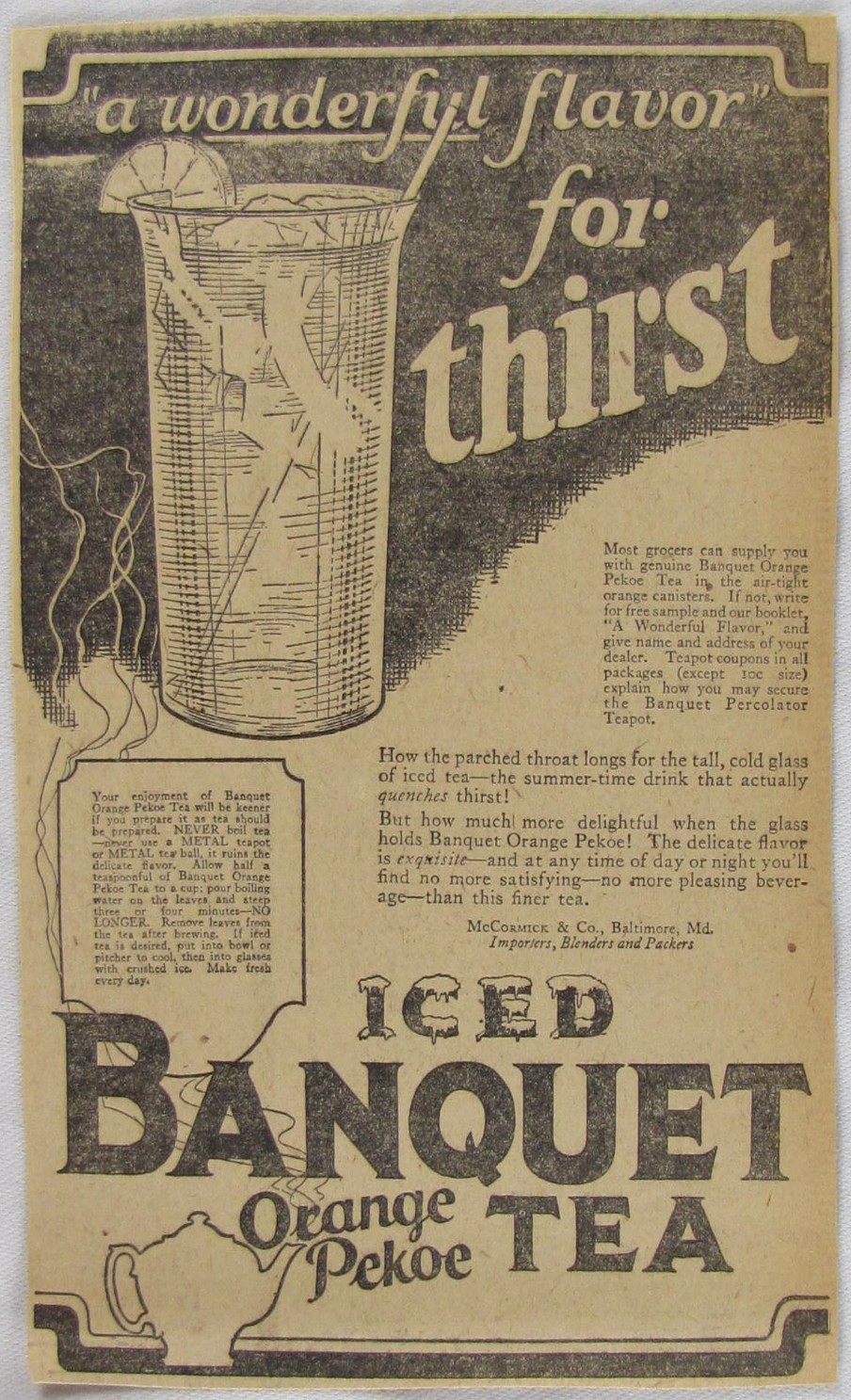 Vintage 1925 McCormick BANQUET Iced Tea Newspaper Print Ad Vintage 1925 McCormick BANQUET Iced Tea Newspaper Print Ad
