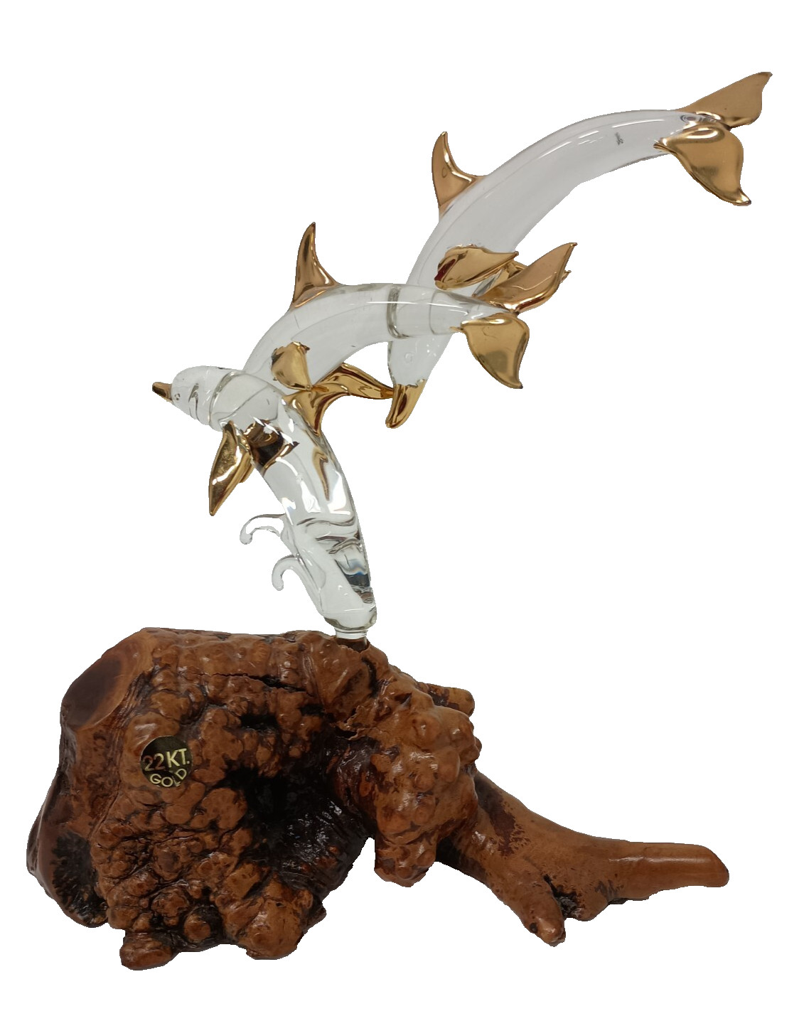 Vintage Two Glass Sharks On Large Wood Base 22 Kt Gold Clear Figurine Statue Vintage Two Glass Sharks On Large Wood Base 22 Kt Gold Clear Figurine Statue