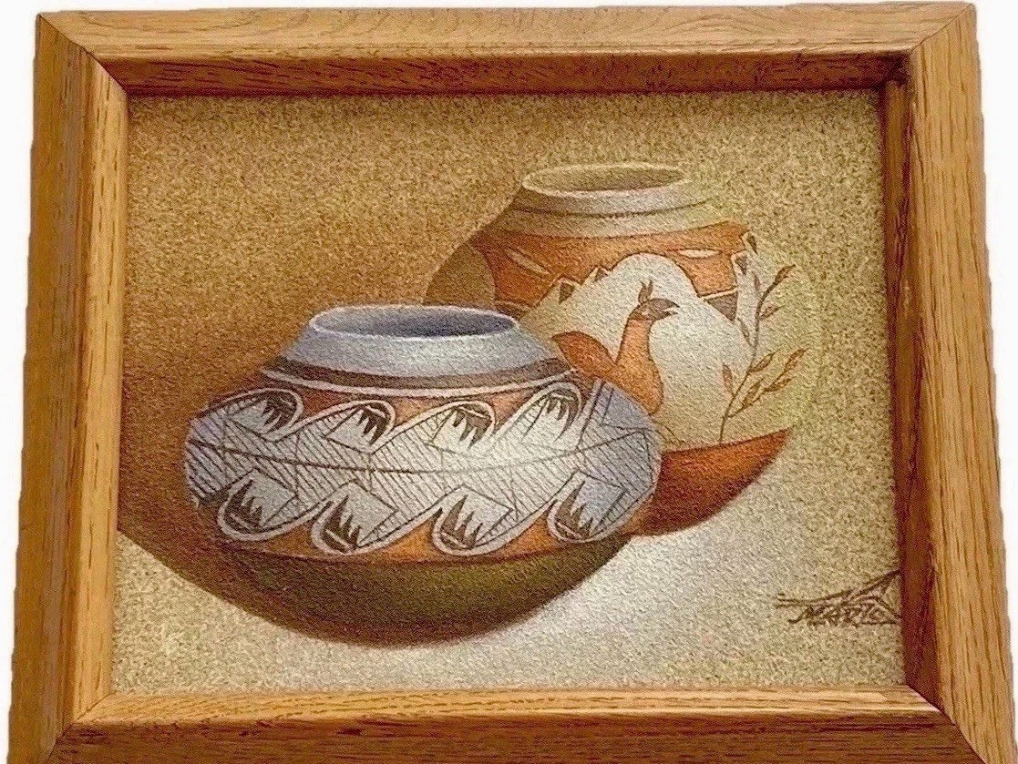 Navajo Sand Painting Signed By Artist Marzo “Painting Of Pottery”COA On Back Navajo Sand Painting Signed By Artist Marzo “Painting Of Pottery”COA On Back