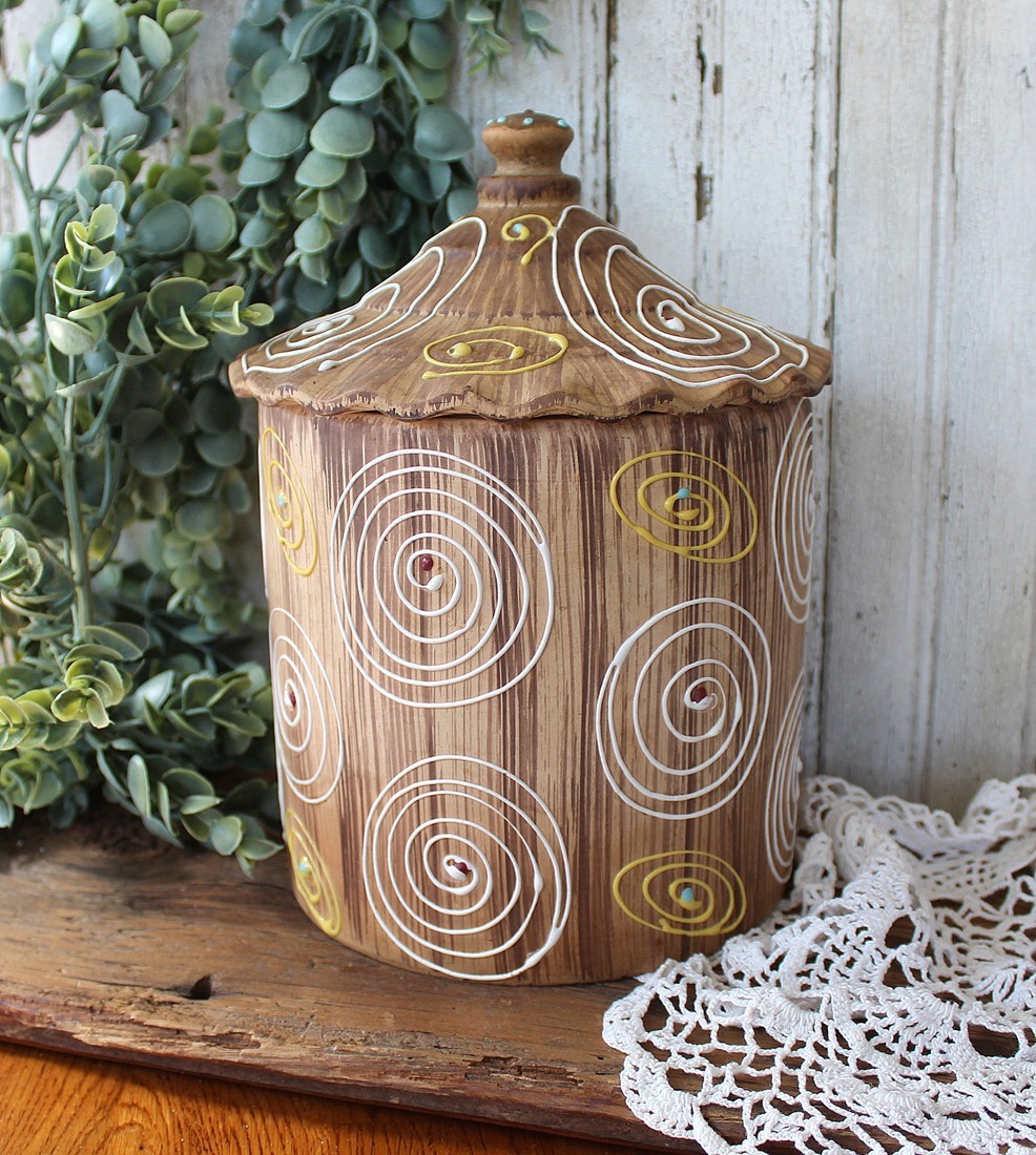 Vintage 1970s Canister with Lid Hand Painted Spiral Swirls Boho, Retro kitchen Vintage 1970s Canister with Lid Hand Painted Spiral Swirls Boho, Retro kitchen