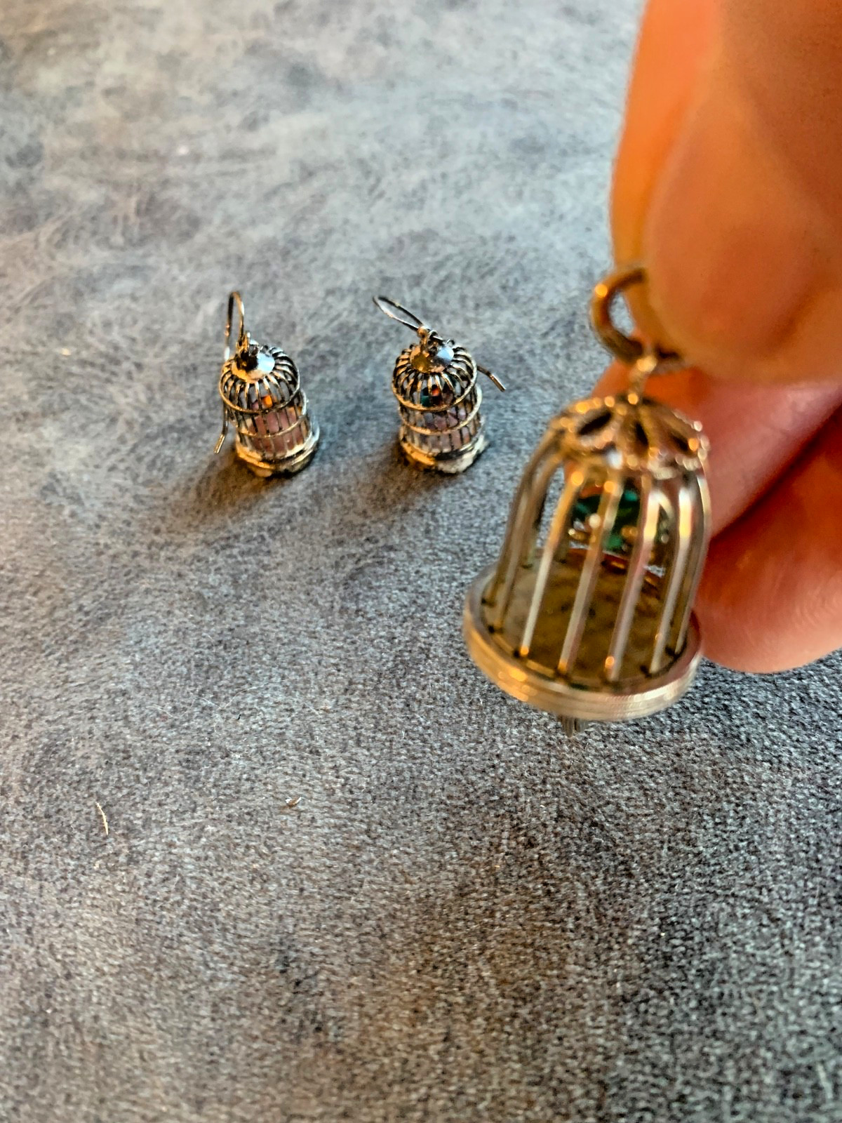 Vintage bird cage earrings sterling and bird cage pendant with bird Vintage bird cage earrings sterling and bird cage pendant with bird