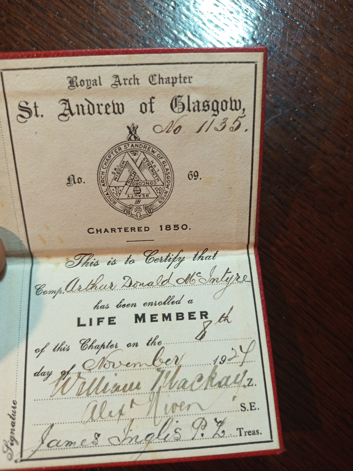1927 Life Member St. Andrew of Glasgow No 69 Royal Arch Freemasonry masonic/998 1927 Life Member St. Andrew of Glasgow No 69 Royal Arch Freemasonry masonic/998
