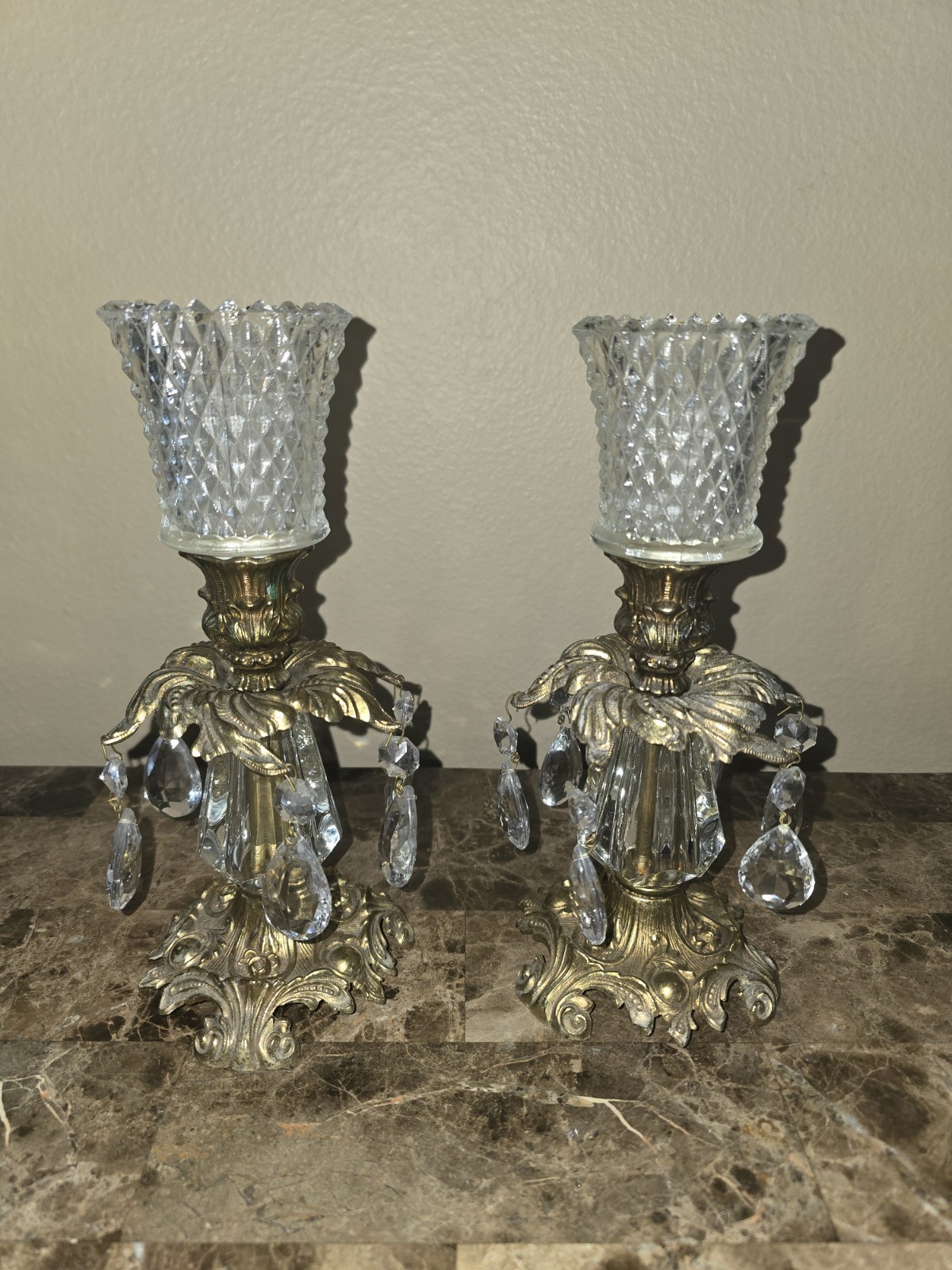 VTG 1973 L&L WMC Brass Crystal Candle Stick Holders Set of 2 VTG 1973 L&L WMC Brass Crystal Candle Stick Holders Set of 2