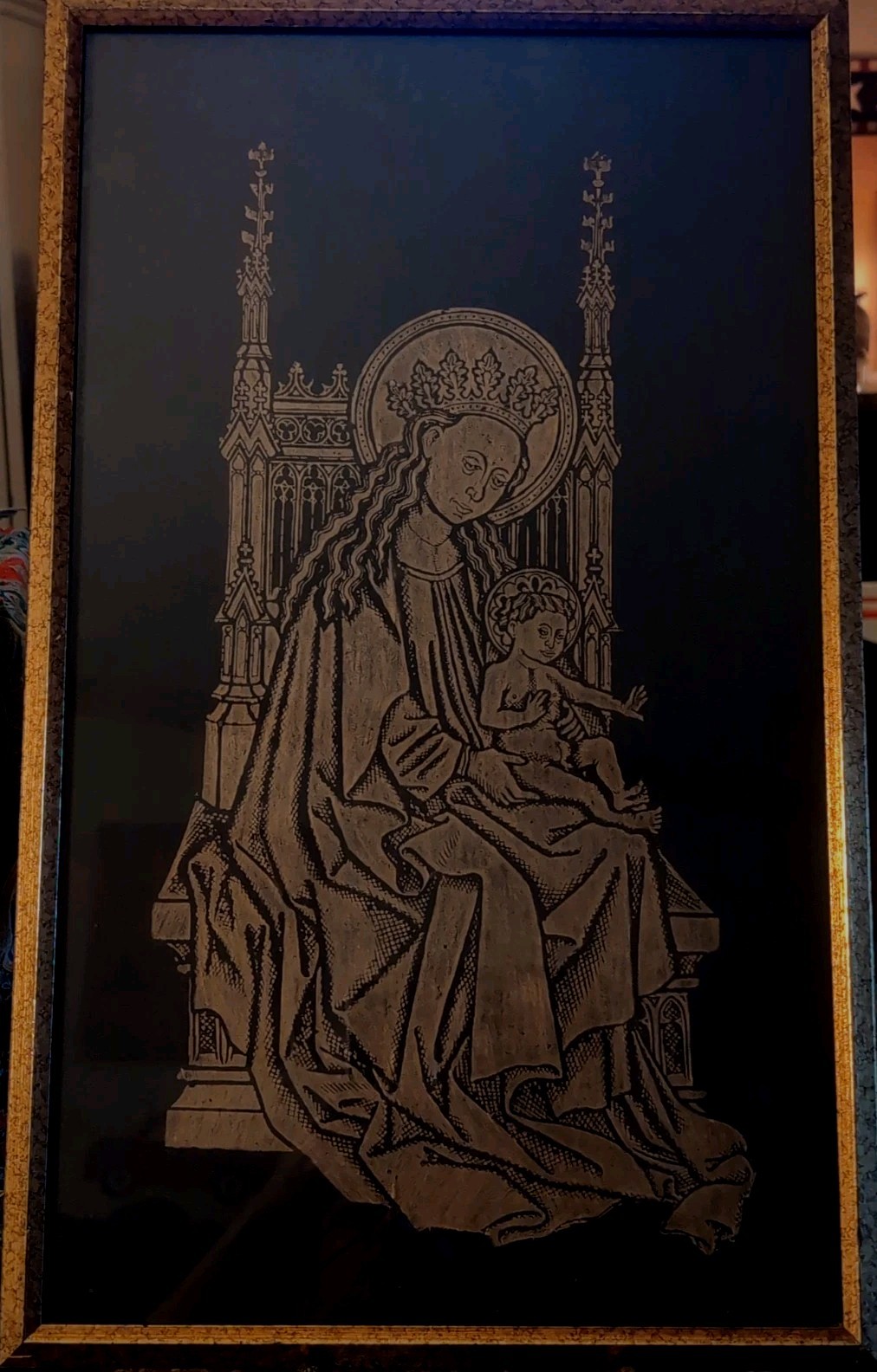 Vtg Framed Brass Rubbing Madonna And Child 22x14
