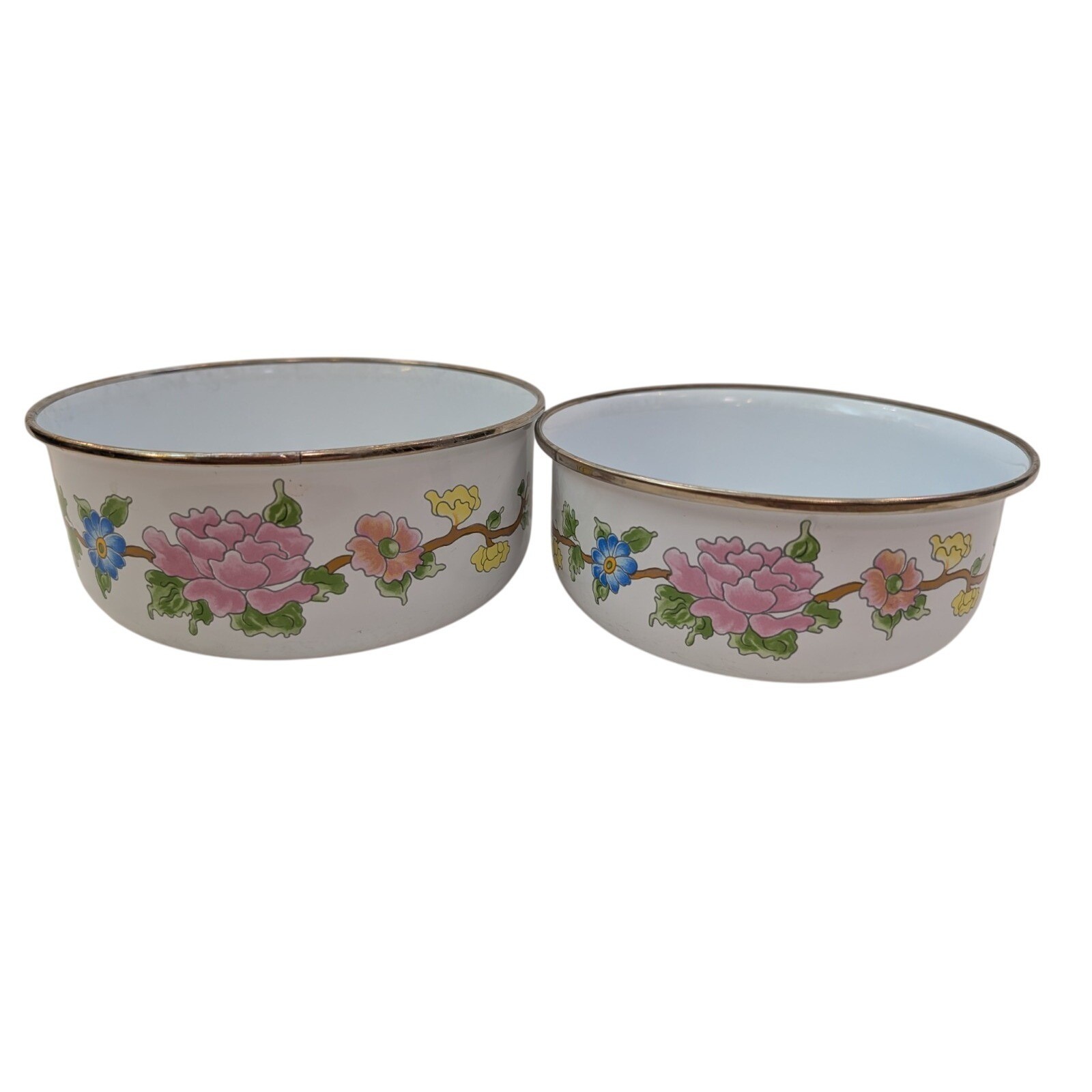 M. Kamenstein Floral Mixing Nesting Bowls Vintage 1983 Enamelware Set of 2 M. Kamenstein Floral Mixing Nesting Bowls Vintage 1983 Enamelware Set of 2