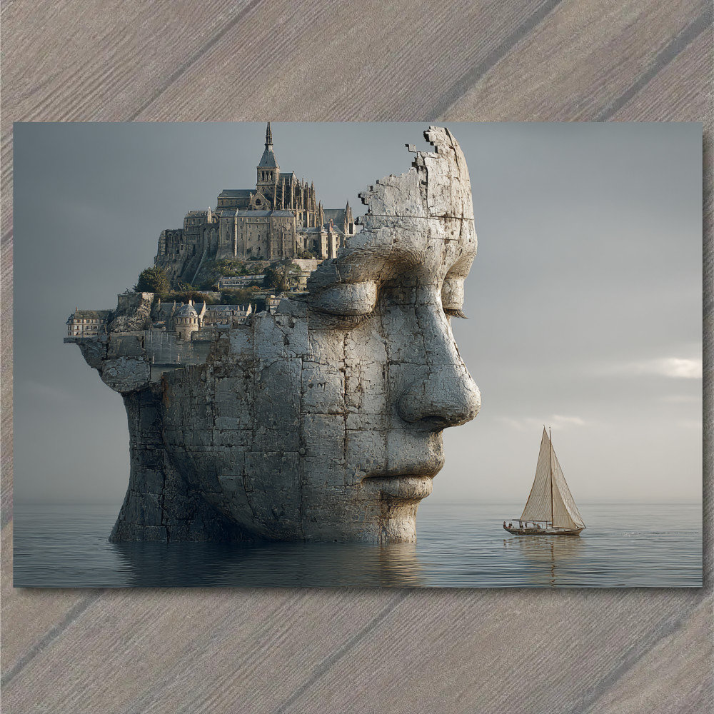 POSTCARD Stone Head Island Castle Sailboat Surreal Seascape POSTCARD Stone Head Island Castle Sailboat Surreal Seascape