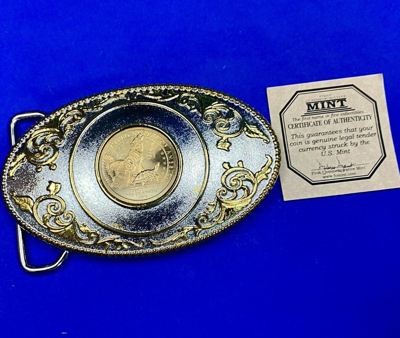 Treaty with Delaware First Commemorative Mint One Dollar Coin belt buckle & COA