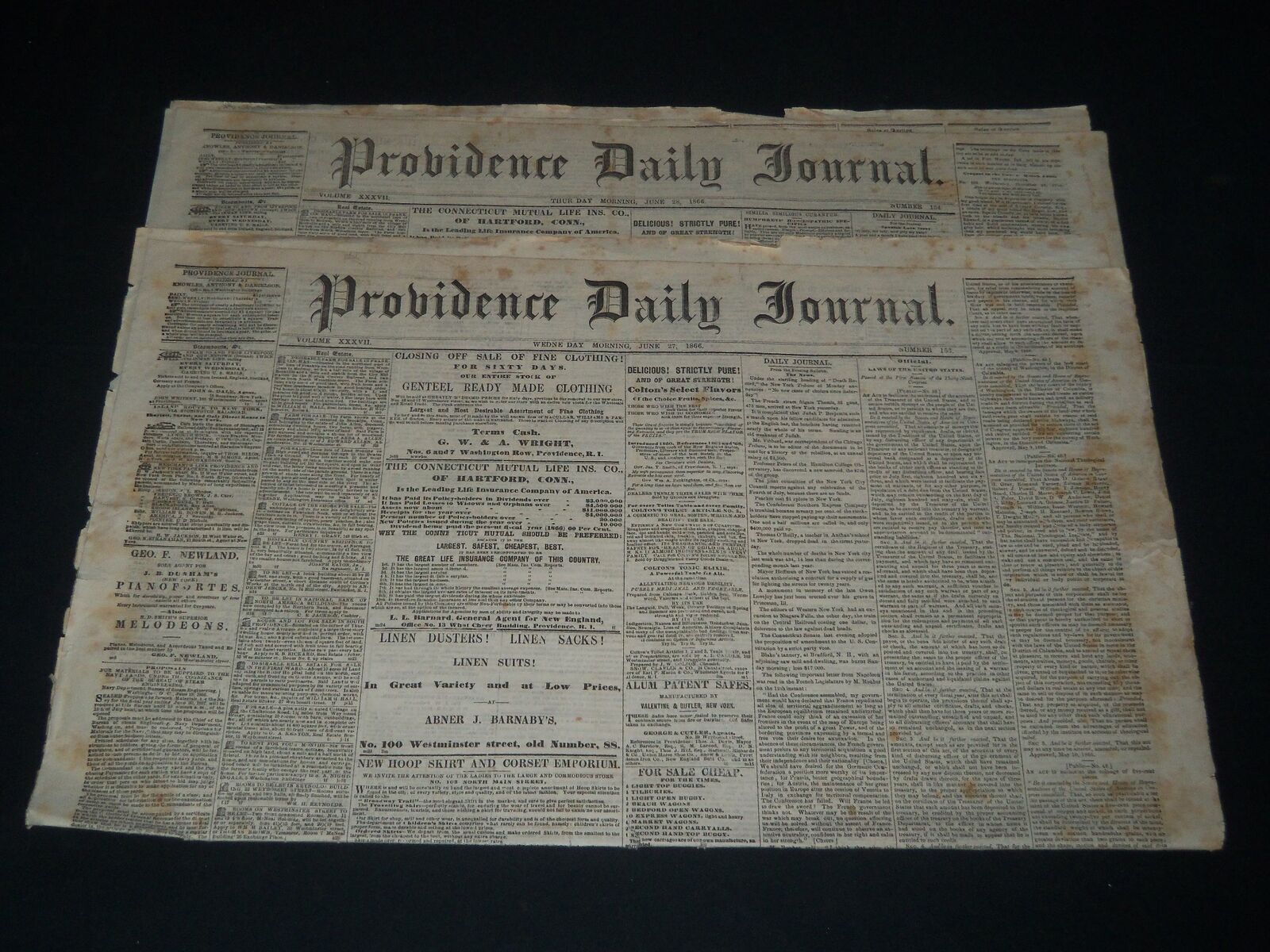 1866 JUNE 27 & 28 PROVIDENCE DAILY JOURNAL NEWSPAPER LOT OF 2 - NP 614F