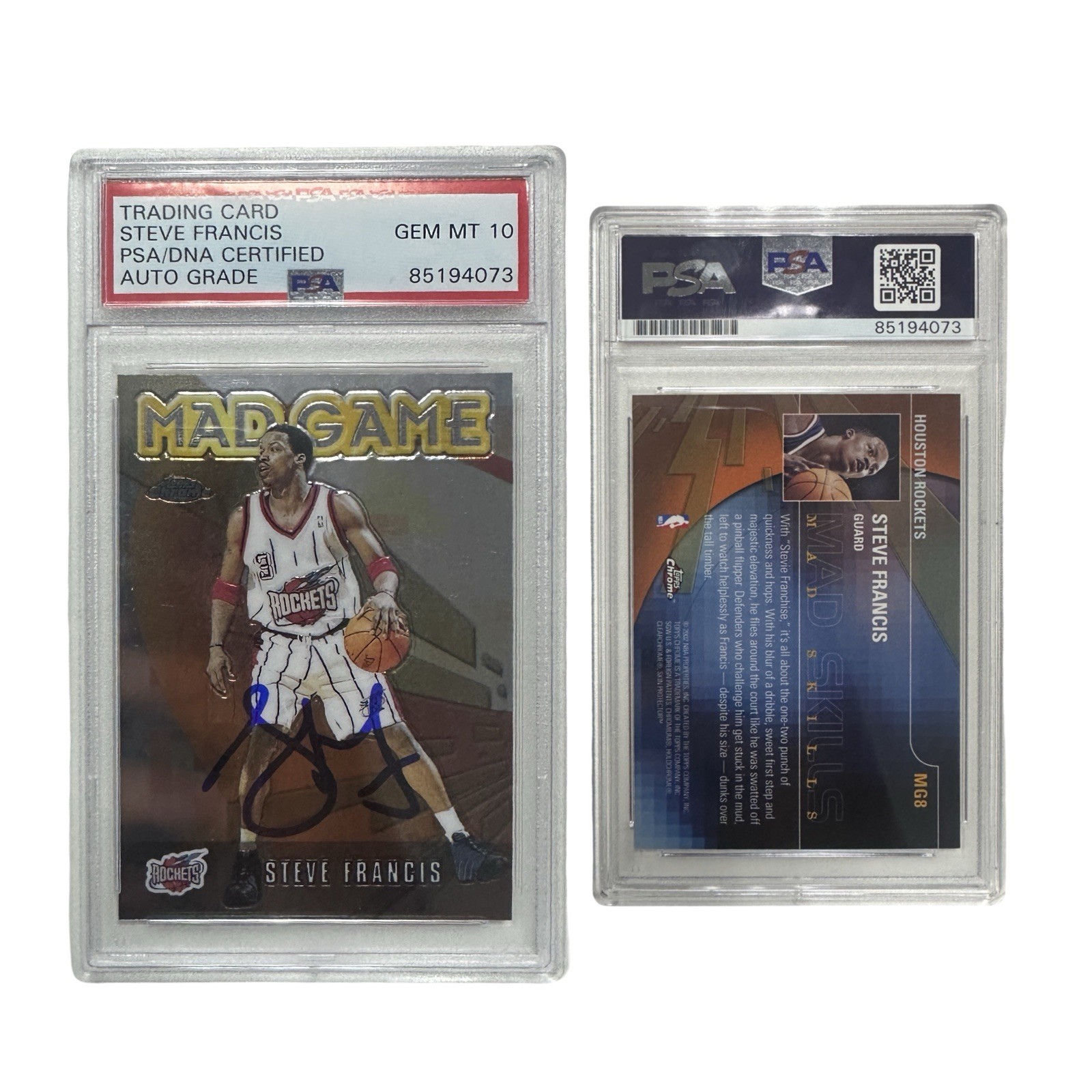 2002 Steve Francis Houston Rockets Topps Chrome Mad Game #MG8 PSA GEM MT 10 Auto 2002 Steve Francis Houston Rockets Topps Chrome Mad Game #MG8 PSA GEM MT 10 Auto