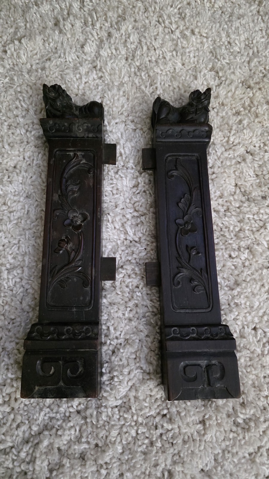 Pair Vintage Chinese Style Carved Wood Foo Dog Architectural Panels 13" Pair Vintage Chinese Style Carved Wood Foo Dog Architectural Panels 13"
