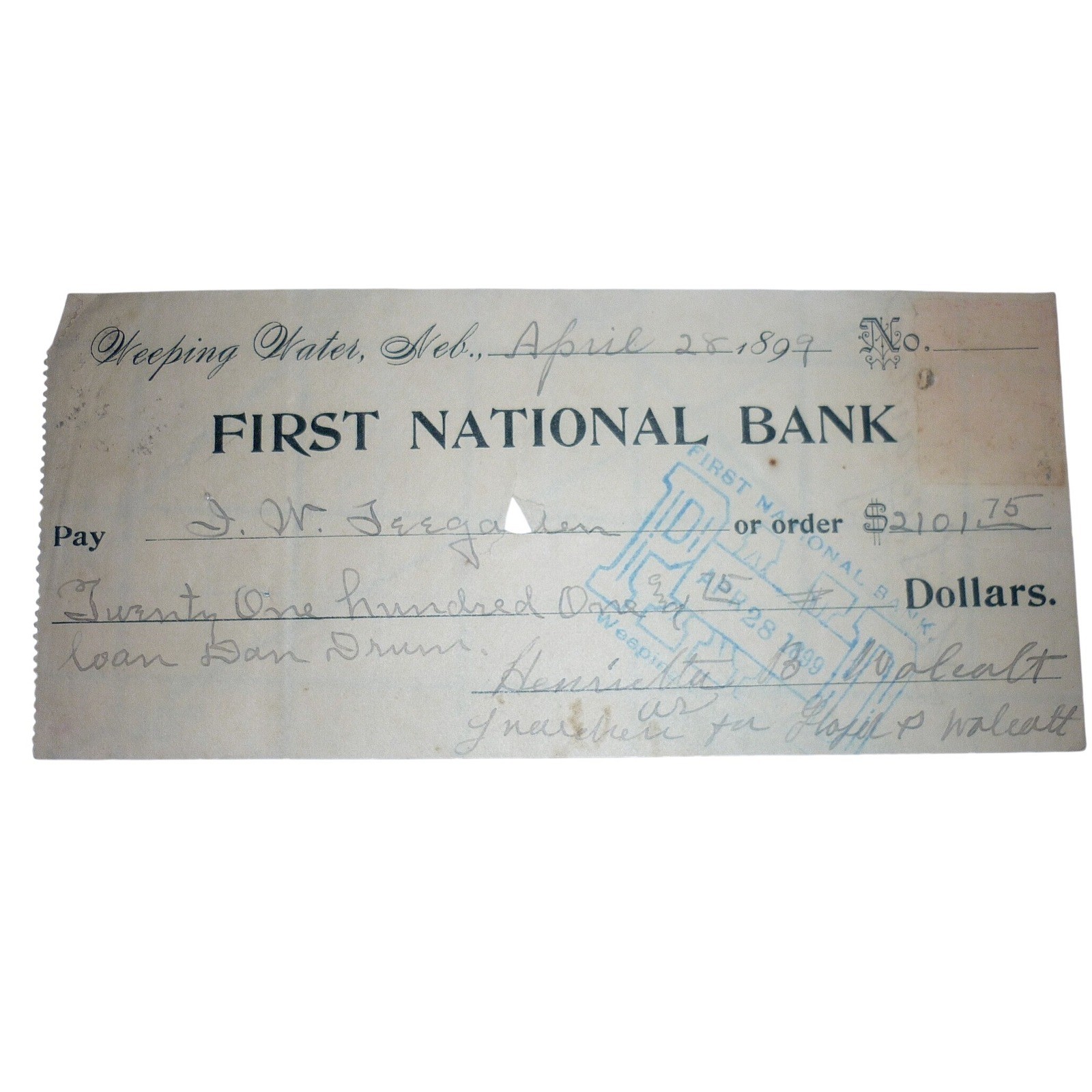 1897 Weeping Water NE First National Bank Check Henrietta Wolcott Teegarden