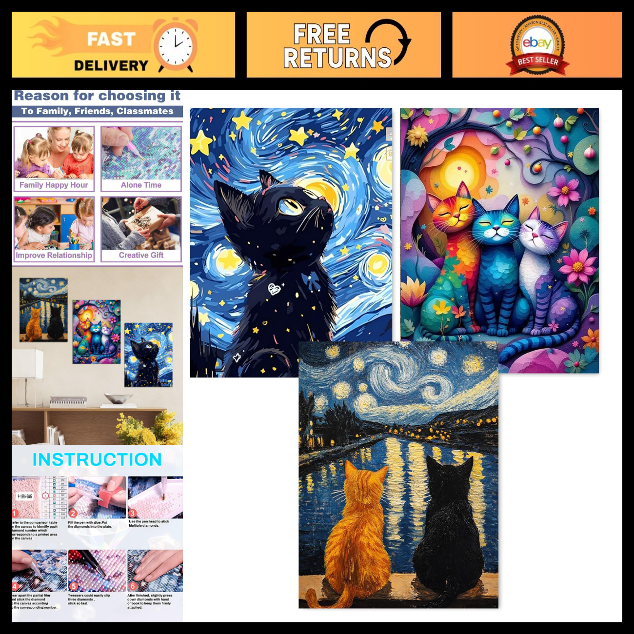3 Pcs Cat Diamond Art Kits for Adults, Cat Paint by Diamond for Adults