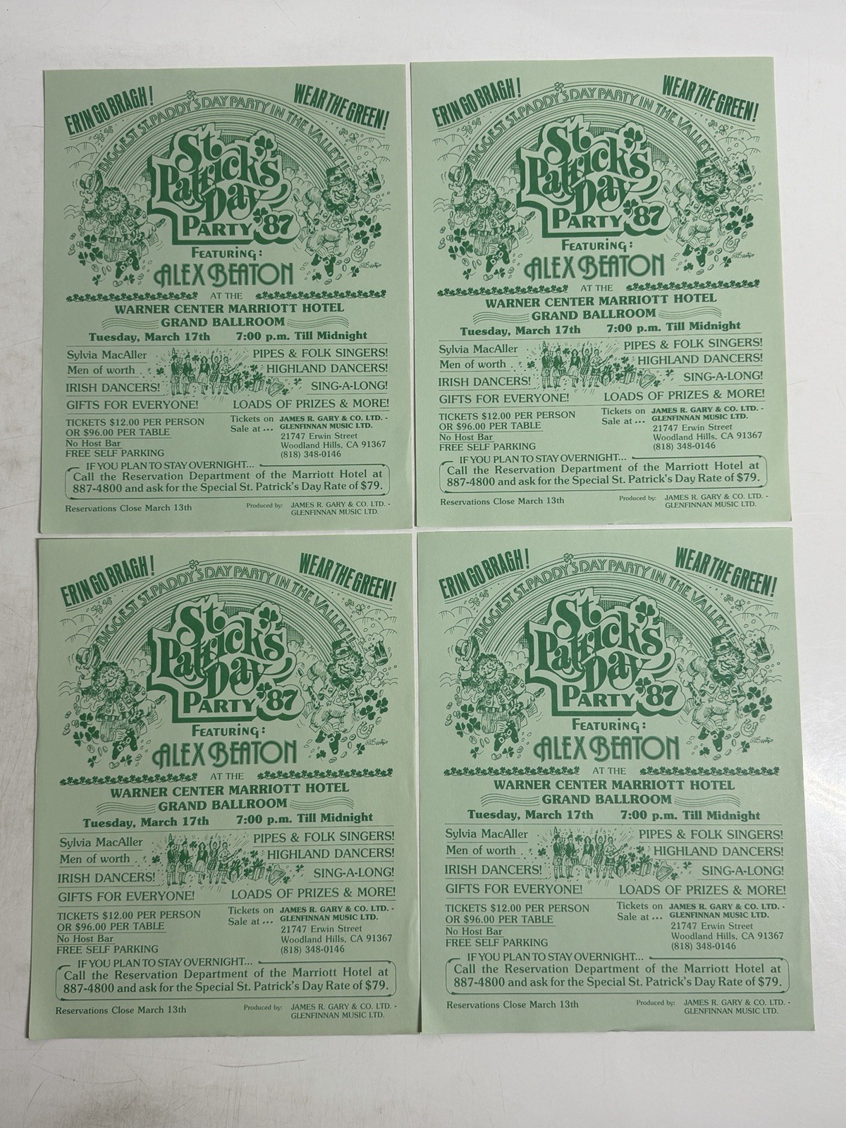 Lot 4 Vintage 1987 St Patricks Day Flyers Warner Center Marriott Alex Beaton