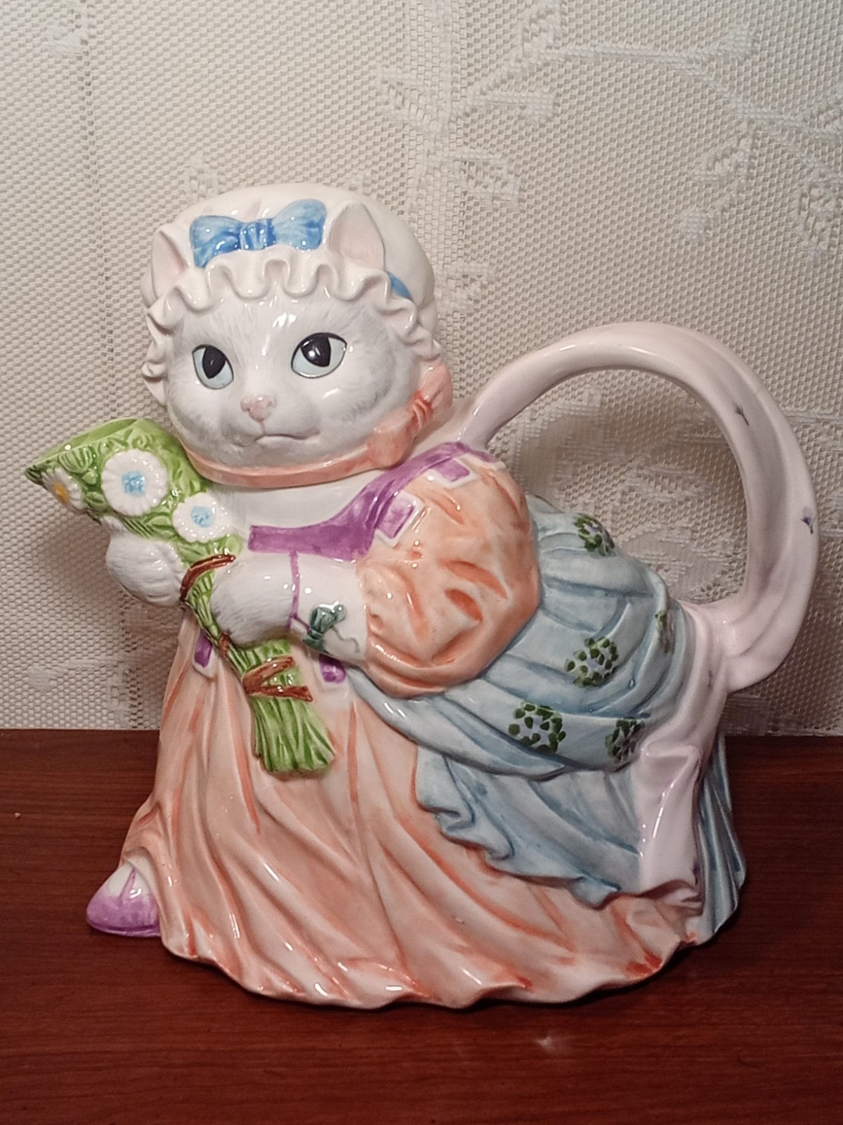 Vintage Lefton Cat Teapot #7894 Peach Dress Flowers Sri Lanka 8.5" Rare Vintage Lefton Cat Teapot #7894 Peach Dress Flowers Sri Lanka 8.5" Rare