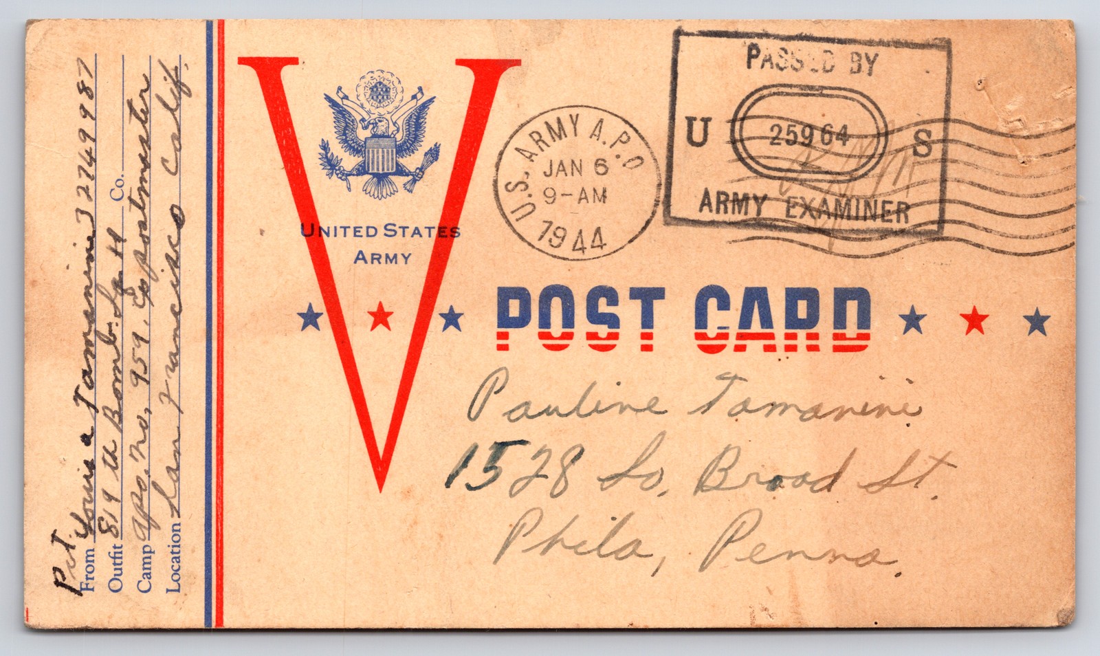 1944 WWII U.S. Army V Post Card APO Censored Military Mail Philadelphia PA 1944 WWII U.S. Army V Post Card APO Censored Military Mail Philadelphia PA