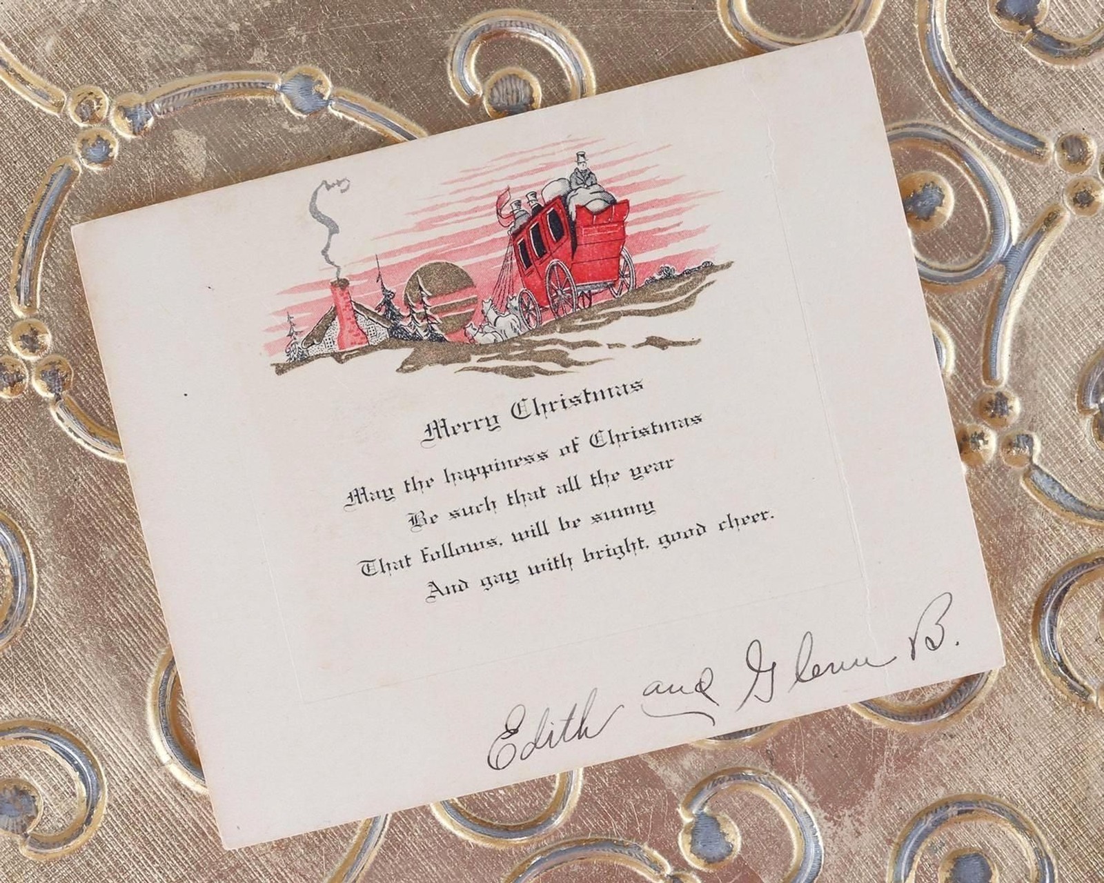 Antique 1925 Christmas Card Horse Drawn Coach Snowy Winter Scene Embossed Gold