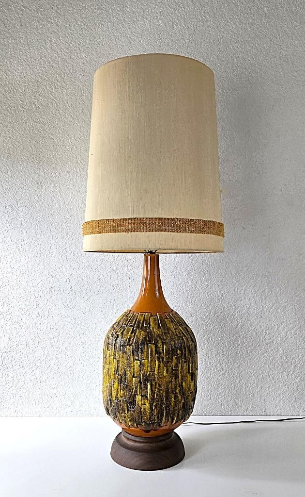 Vintage MCM Brutalist Ceramic Pottery Table Lamp Original Shade 47.5" Tall Vintage MCM Brutalist Ceramic Pottery Table Lamp Original Shade 47.5" Tall