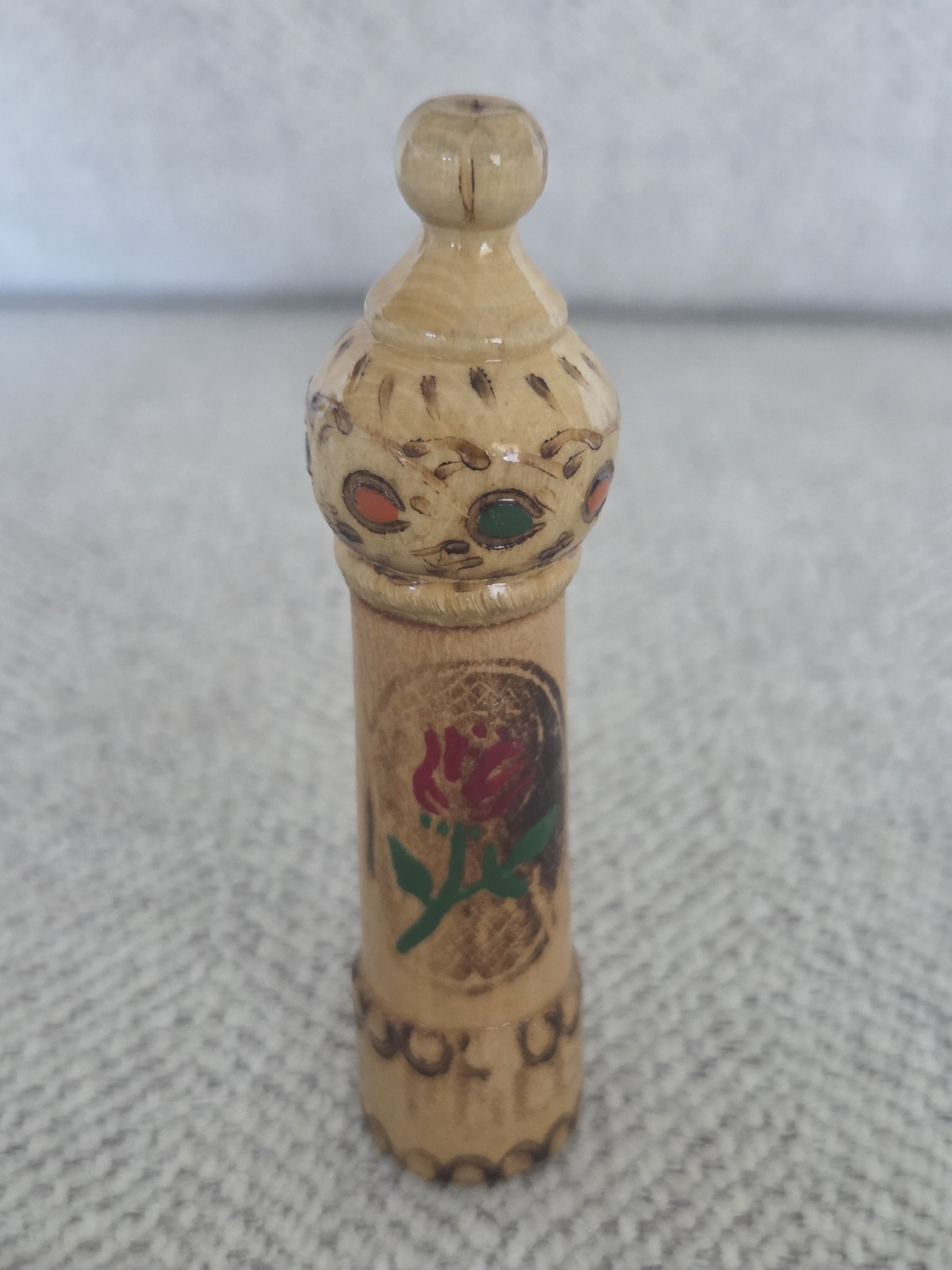 Vintage Bulgarian Perfume Oil Wood Vial Holder Hand Painted Twist Off Lid EMPTY