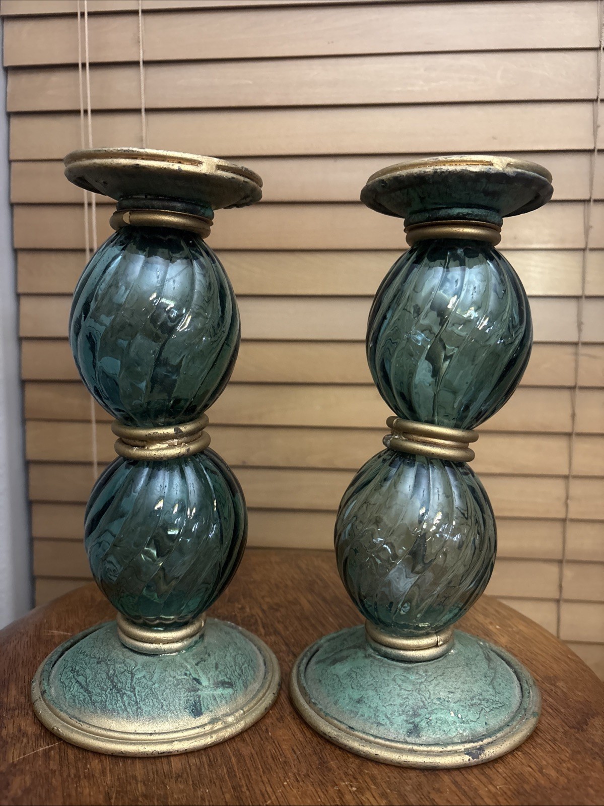Vtg Wang's International Teal Blown Glass Metal Stacked Globe Candle Holder Pair