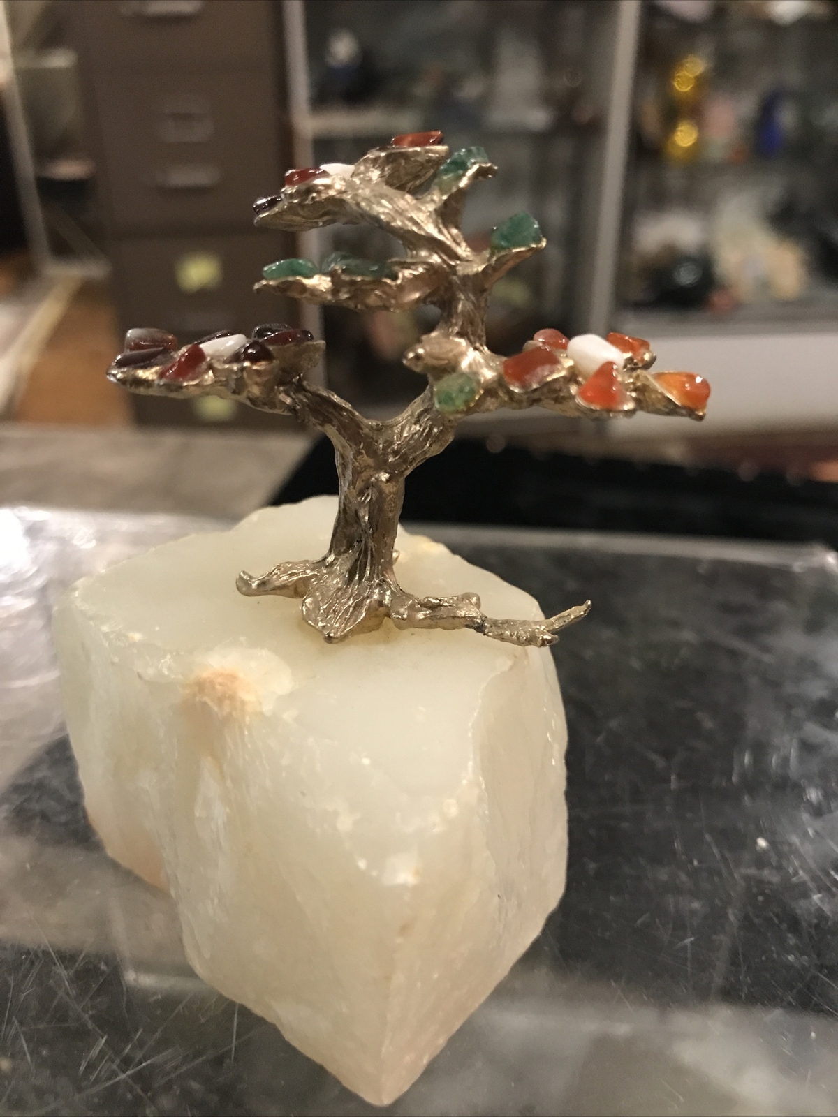 Vintage Mid Century Modern Geisha Jeweled Stone Bonzai Flower Tree Sculpture Vintage Mid Century Modern Geisha Jeweled Stone Bonzai Flower Tree Sculpture