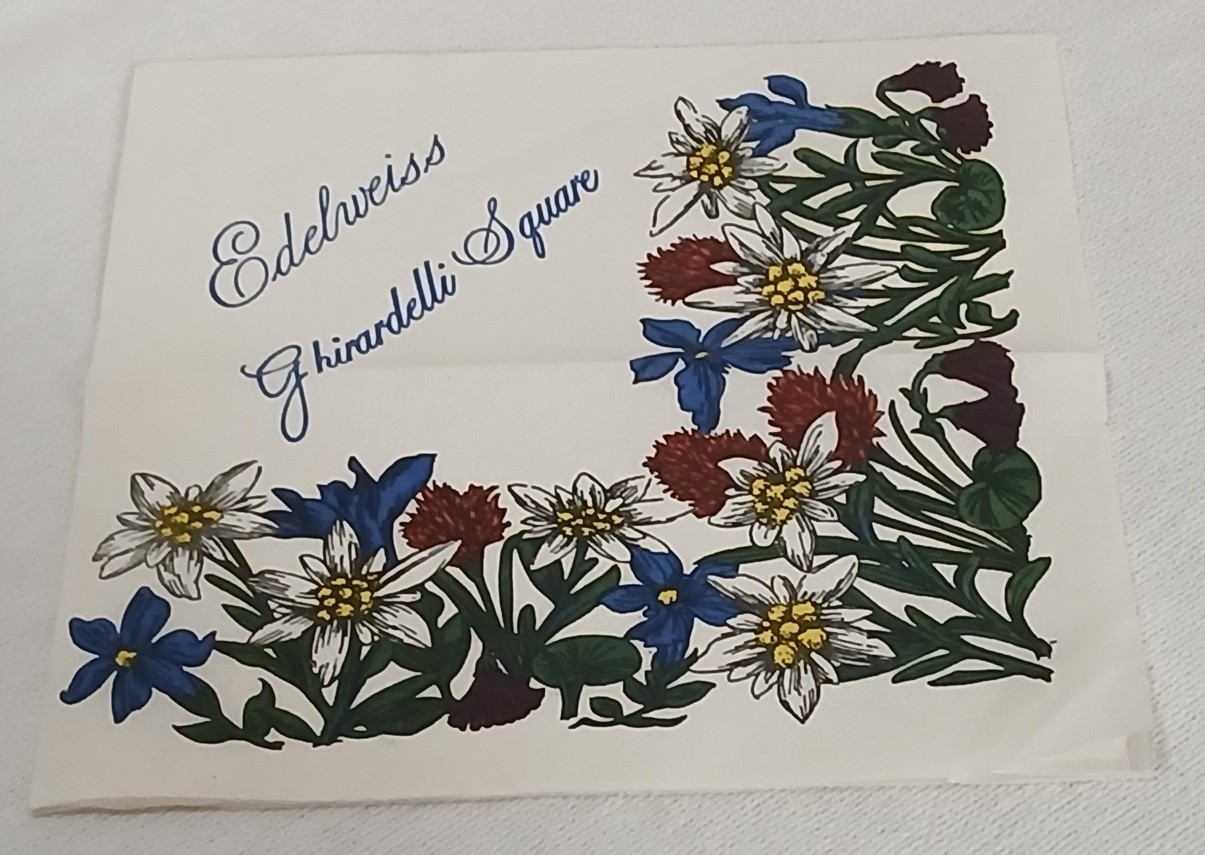 Vintage Edelweiss Ghirardelli Square Napkin CA Souvenir Floral Paper Ephemera Vintage Edelweiss Ghirardelli Square Napkin CA Souvenir Floral Paper Ephemera