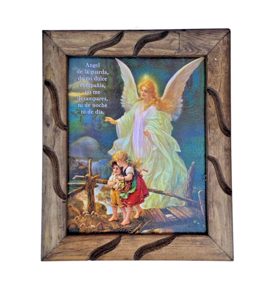 Angel De La Guarda Imagen Con Oracion En Cuadro 9"x11" Marco de Madera Rustica