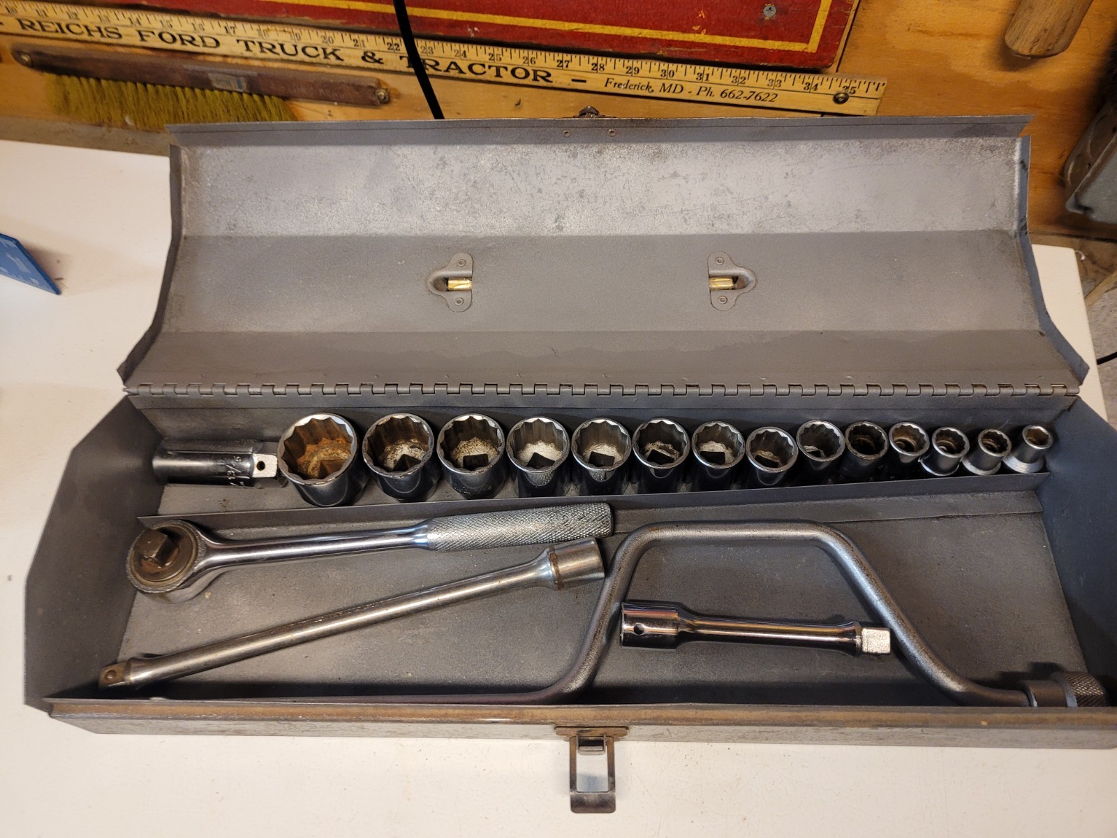 Vintage Powr-Kraft  1/2" Drive Socket set and tool box. Montgomery Ward 