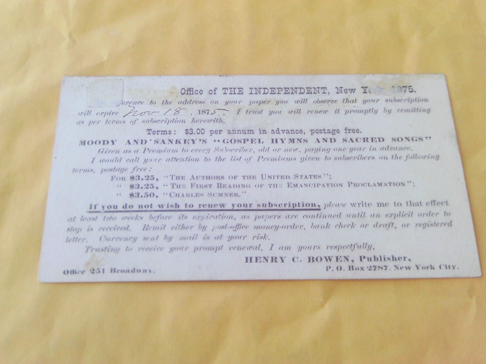 RARE 1875 POSTCARD AD MUSIC GOSPEL HYMN'S BOOK INDEPENDENT SUBSCRIPTION NEW YORK RARE 1875 POSTCARD AD MUSIC GOSPEL HYMN'S BOOK INDEPENDENT SUBSCRIPTION NEW YORK
