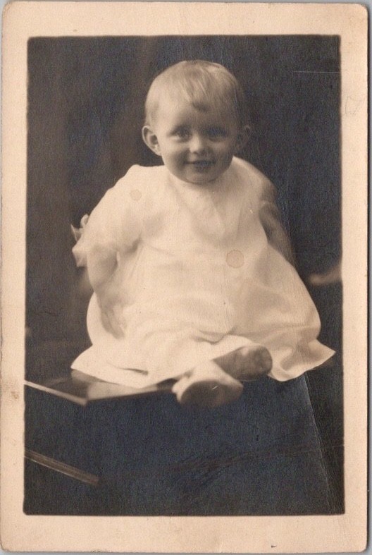 c1910s BURLINGAME Cal. RPPC Postcard Happy Baby in White Gown "Carolyn Peterson" c1910s BURLINGAME Cal. RPPC Postcard Happy Baby in White Gown "Carolyn Peterson"