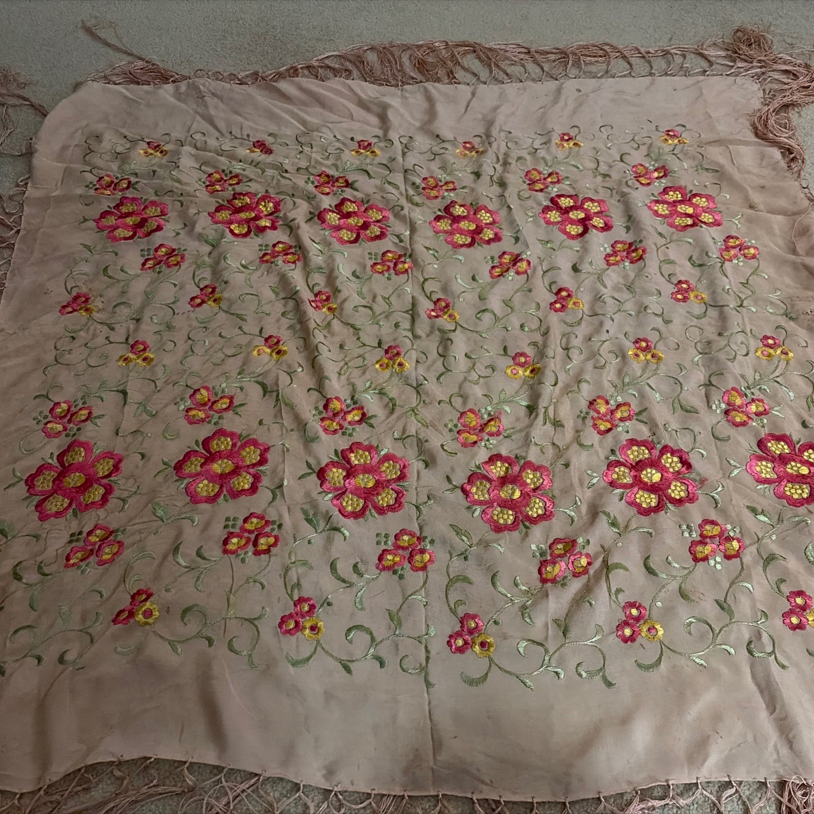 Antique 1920s silk piano/table scarf hand-embroidered floral blush silk satin Antique 1920s silk piano/table scarf hand-embroidered floral blush silk satin