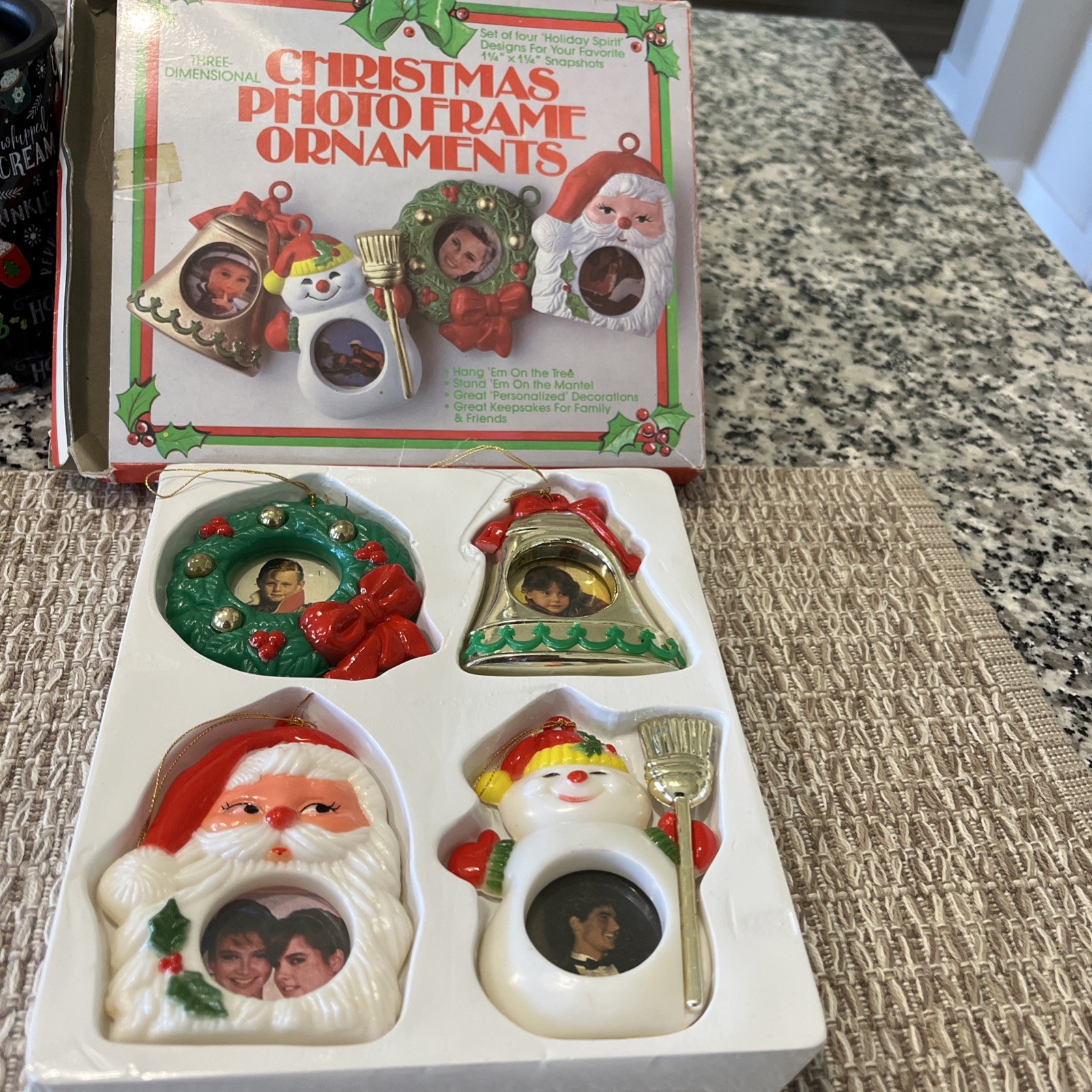 Vintage Three Dimensional Christmas Photo Frame Ornaments/Keepsakes Set Of Four Vintage Three Dimensional Christmas Photo Frame Ornaments/Keepsakes Set Of Four