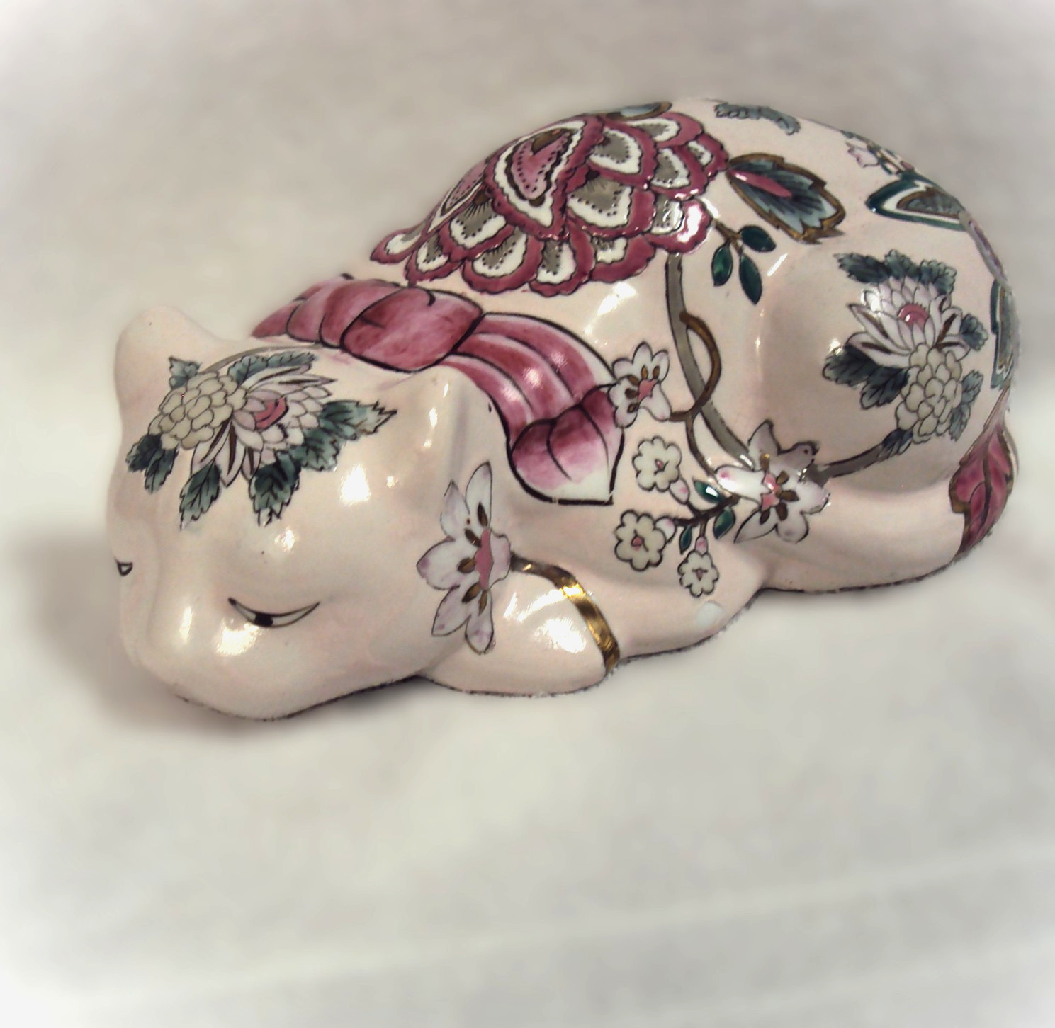 Vintage Hand Painted Porcelain Ceramic Cat Figurine Floral Gold Accents Rare