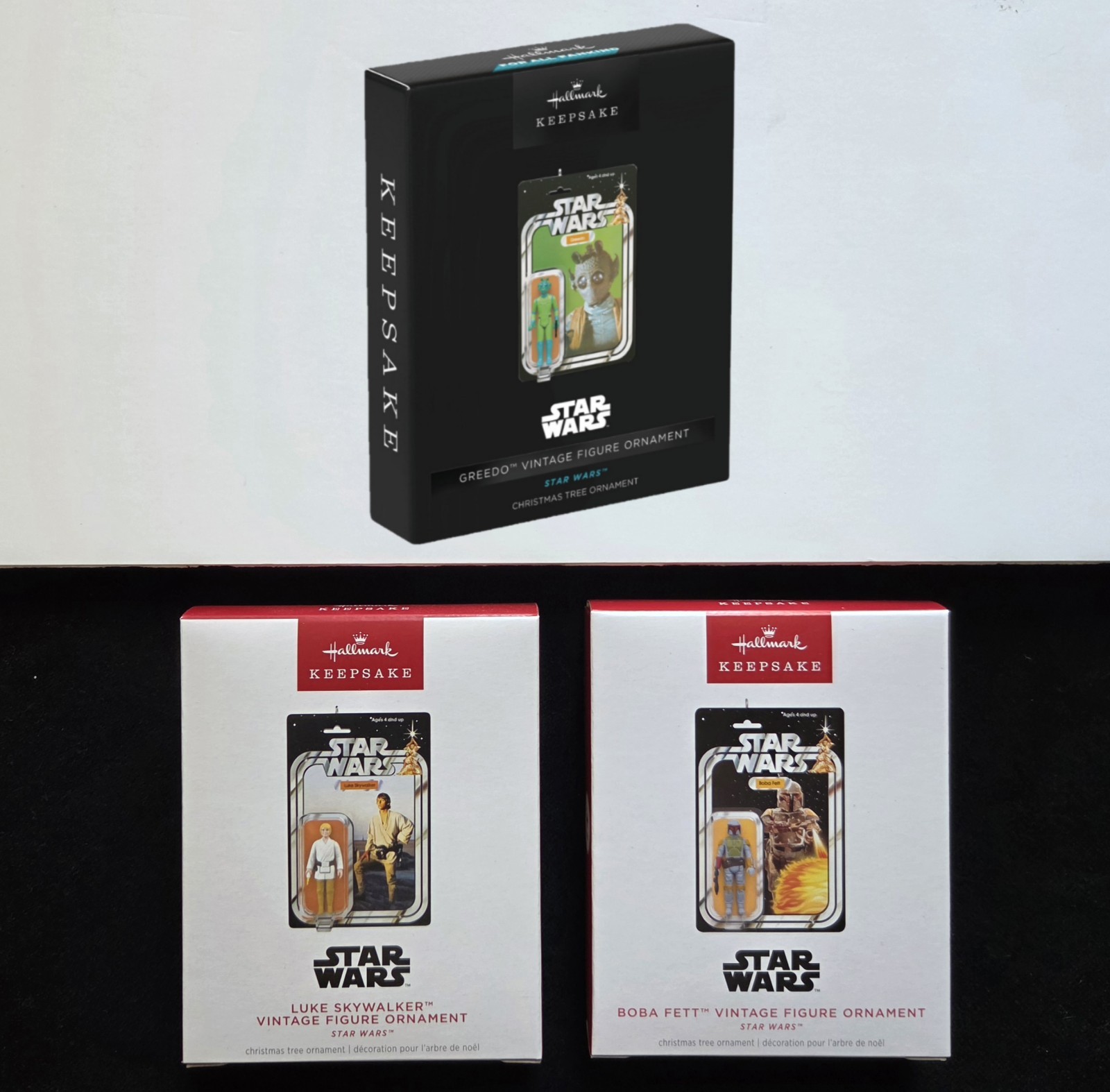 3 NEW Hallmark LUKE, GREEDO BOBA FETT Vintage Star Wars Figure Keepsake Ornament 3 NEW Hallmark LUKE, GREEDO BOBA FETT Vintage Star Wars Figure Keepsake Ornament