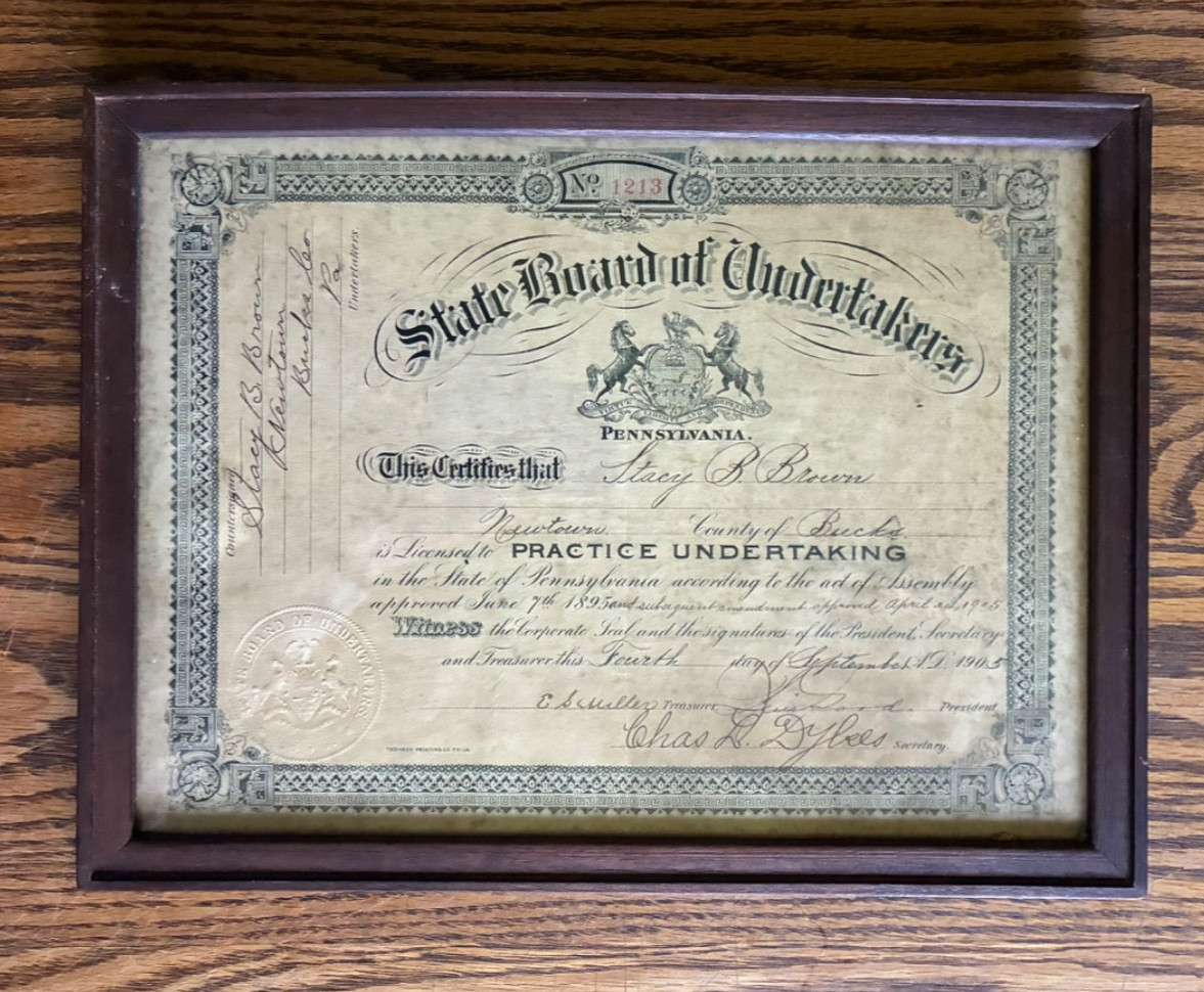 Antique 1905 PA State Board of Undertakers License Framed Newtown Bucks Co Brown Antique 1905 PA State Board of Undertakers License Framed Newtown Bucks Co Brown