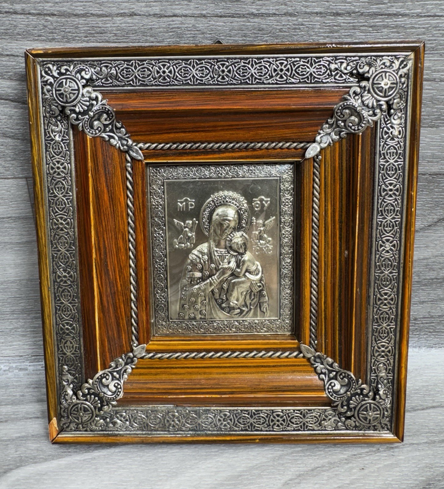 GREEK ORTHODOX SILVER ICON OUR LADY OF PERPETUAL HELP VIRGIN MARY - WOOD FRAME