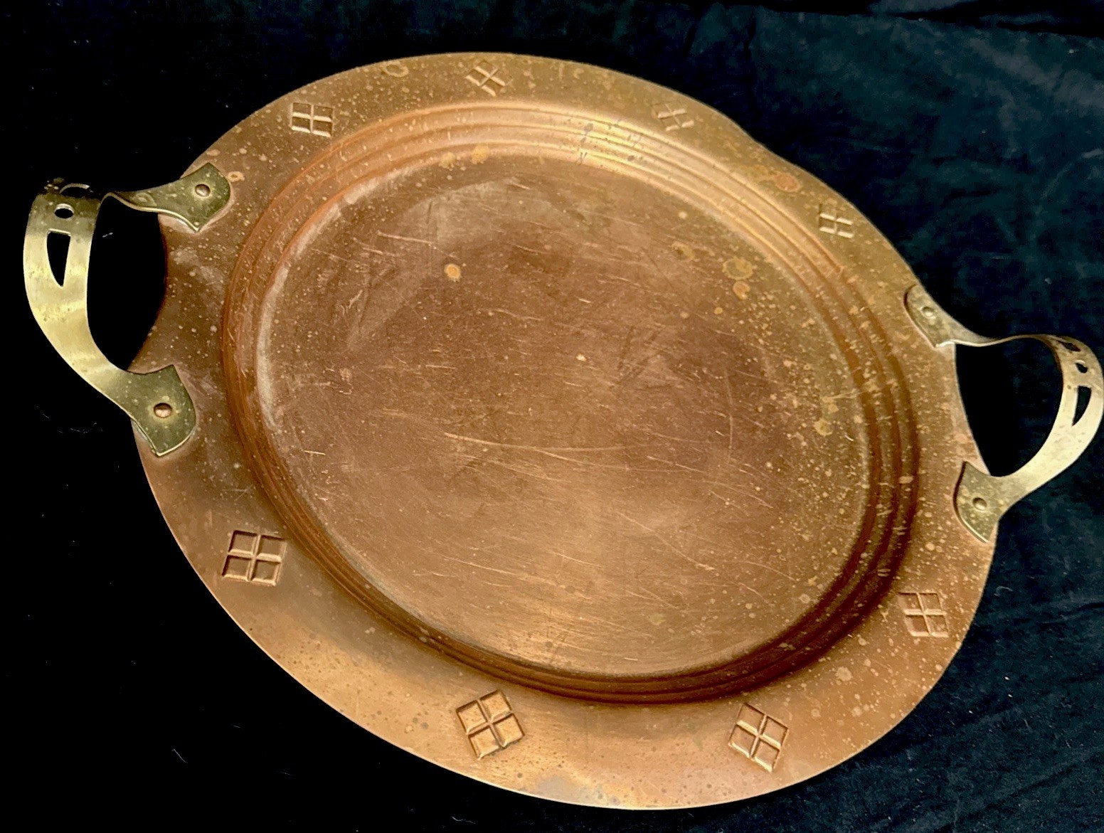 Vintage Embossed Round Copper Arts & Crafts Art Deco Tray With Brass Handles 13”