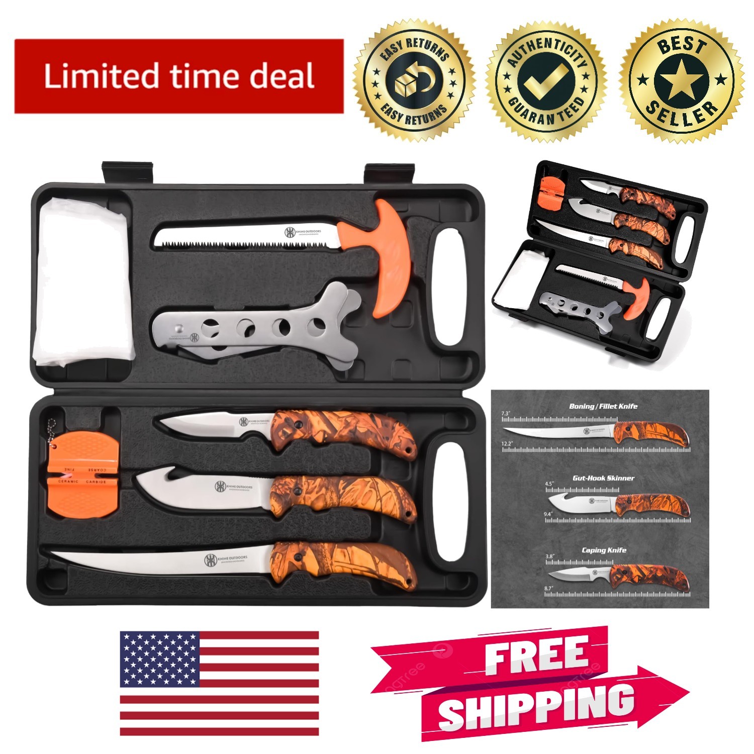 Essential 8-Piece Game Processor Set with Foldable Knives and Red Maple Camo