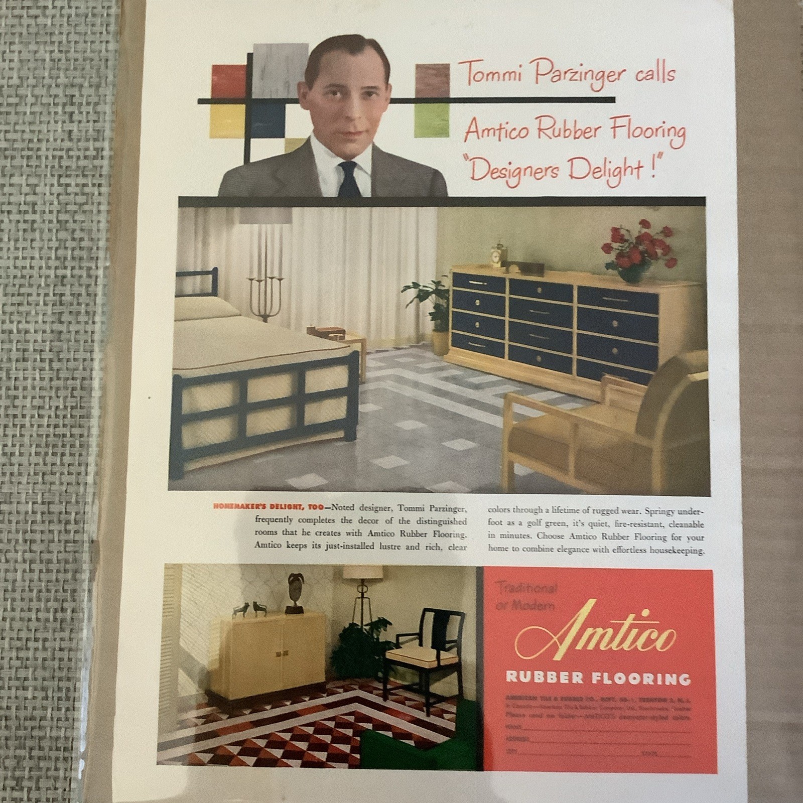 Vintage House Beautiful April ‘51 Flooring Advertisement Tommi Parzinger MCM Vintage House Beautiful April ‘51 Flooring Advertisement Tommi Parzinger MCM