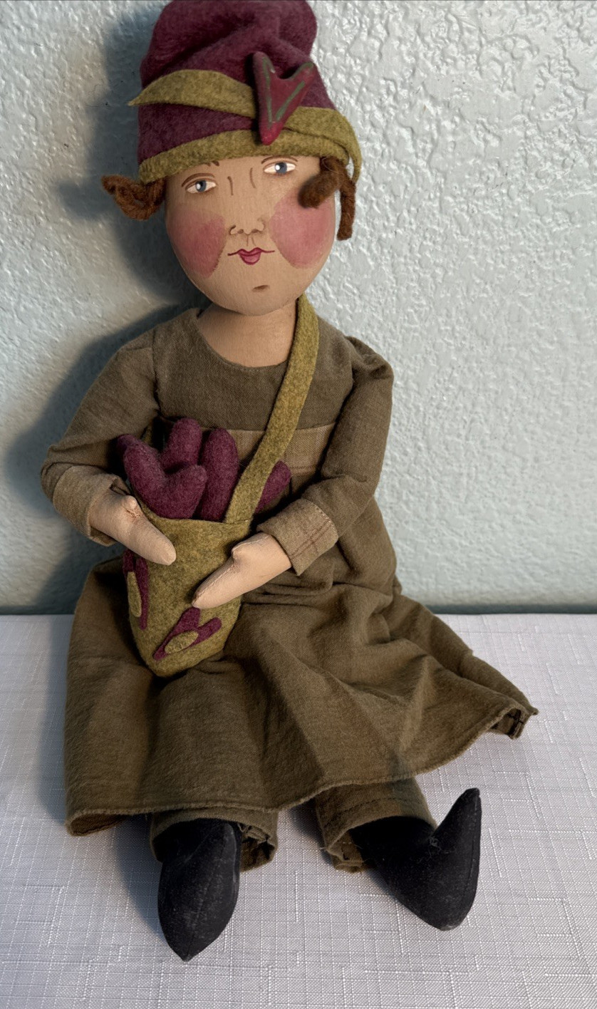 VTG Jacqueline Baird Huckleberry Folk Girl 17" Basket of Hearts Signed and Dated