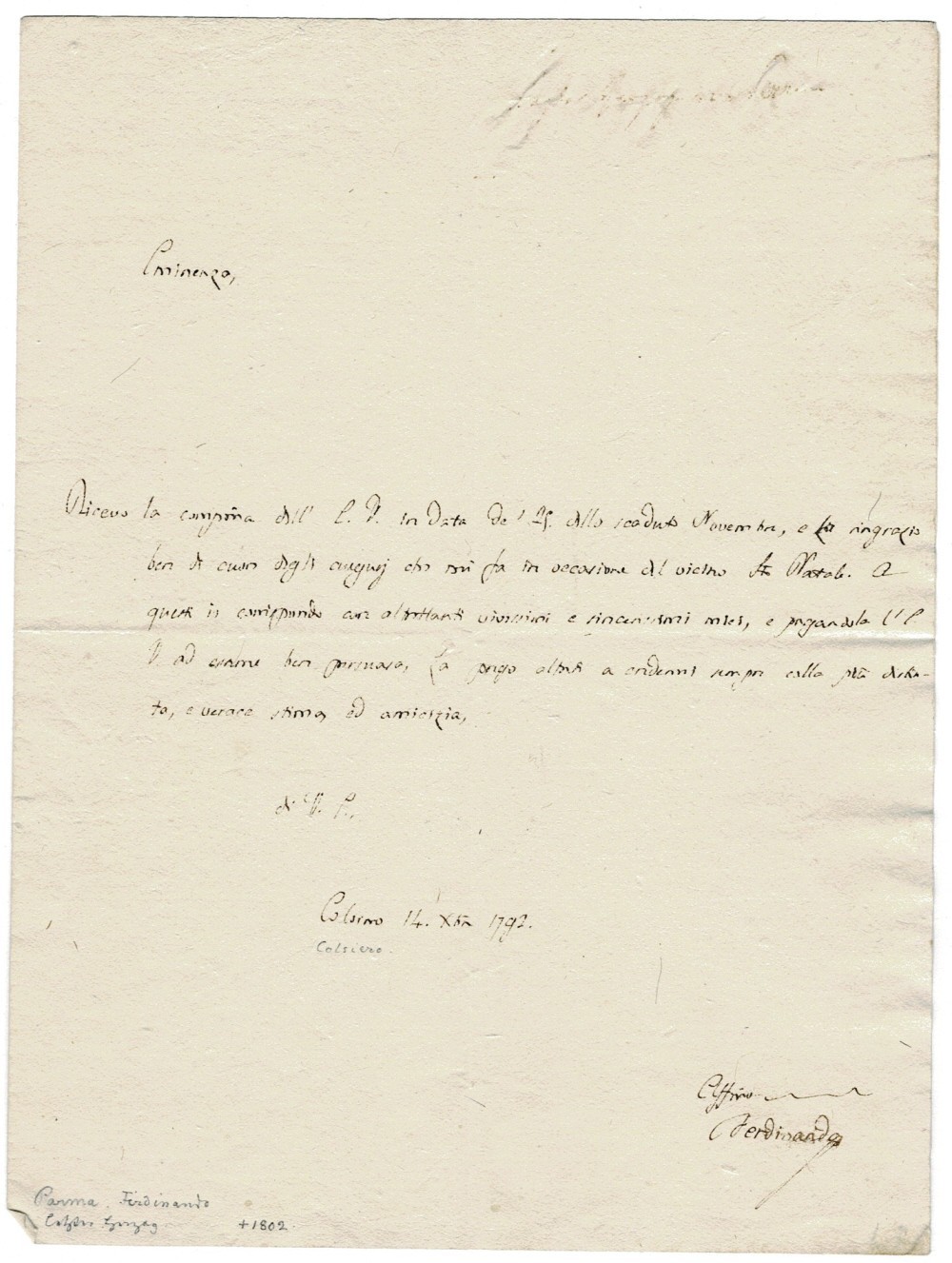 1792 LETTER SIGNED by FERDINAND I, DUKE OF PARMA, PIACENZA & GUASTALLA