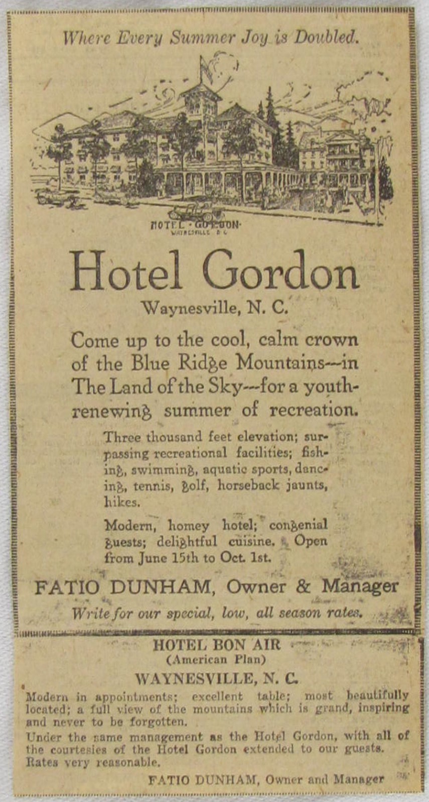 Vintage 1925 HOTEL GORDON Waynesville, North Carolina Newspaper Print Ad